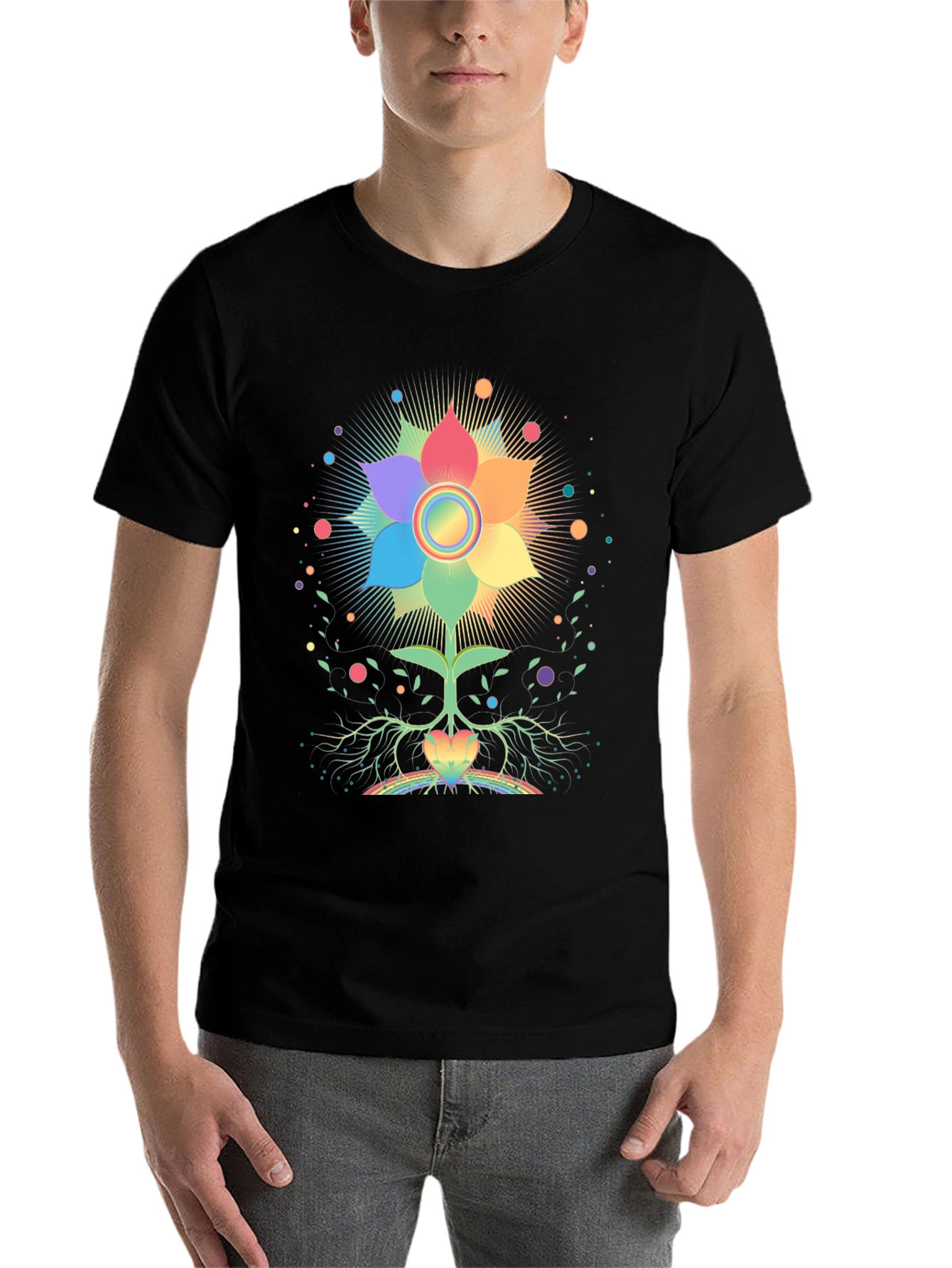 Black Rainbow Flower Chakra Tree Black T-Shirt view 7