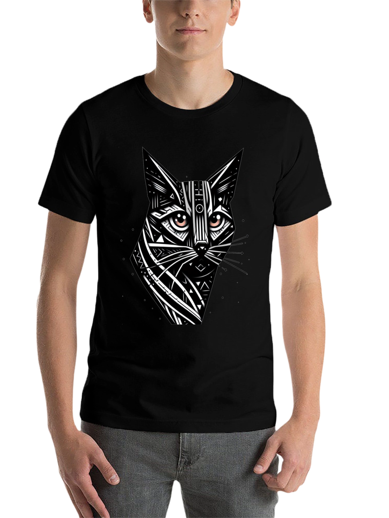 Black Tribal Cat Graphic Black T-Shirt view 7