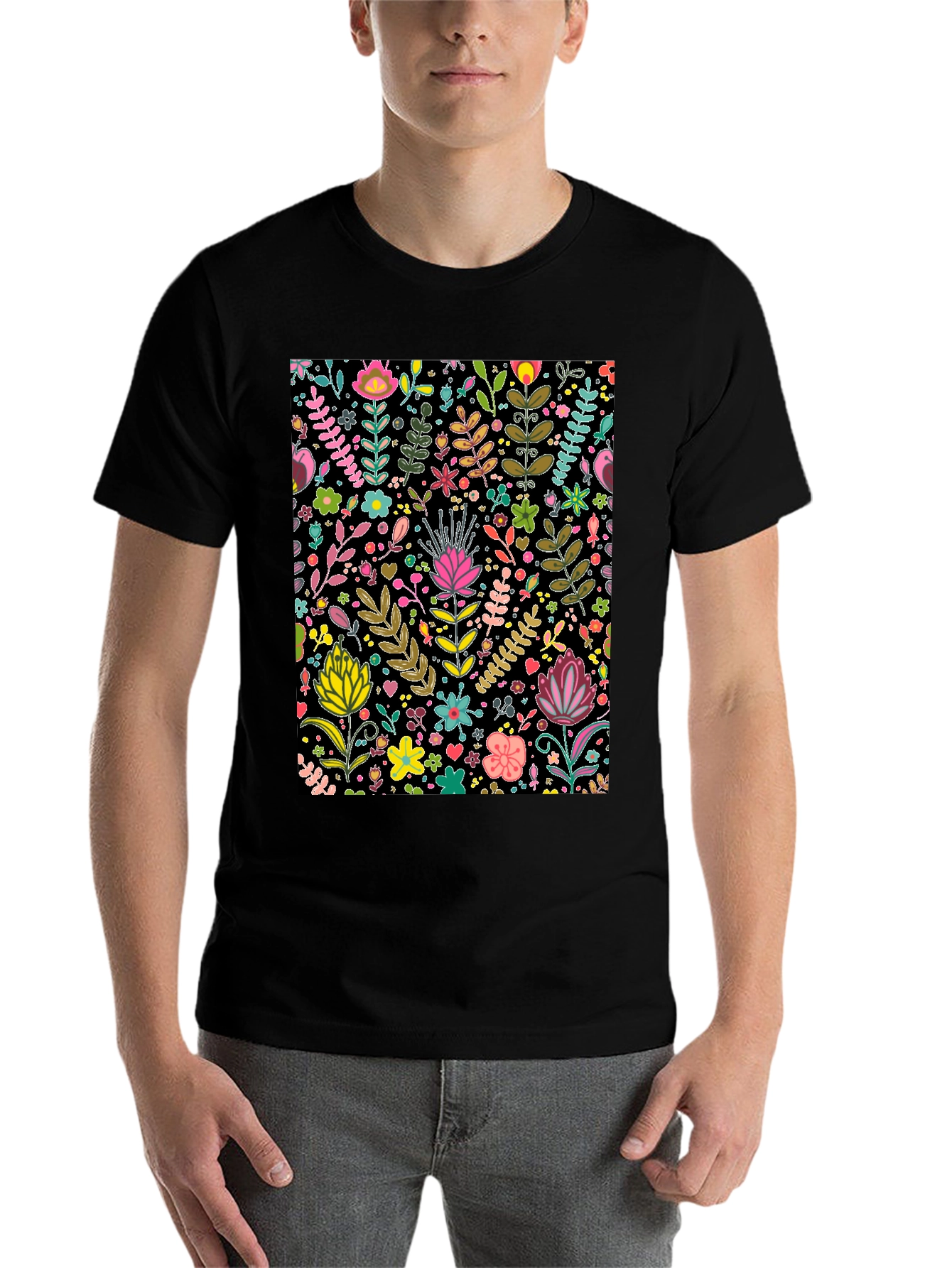 Black Floral Patterned Black T-Shirt view 7