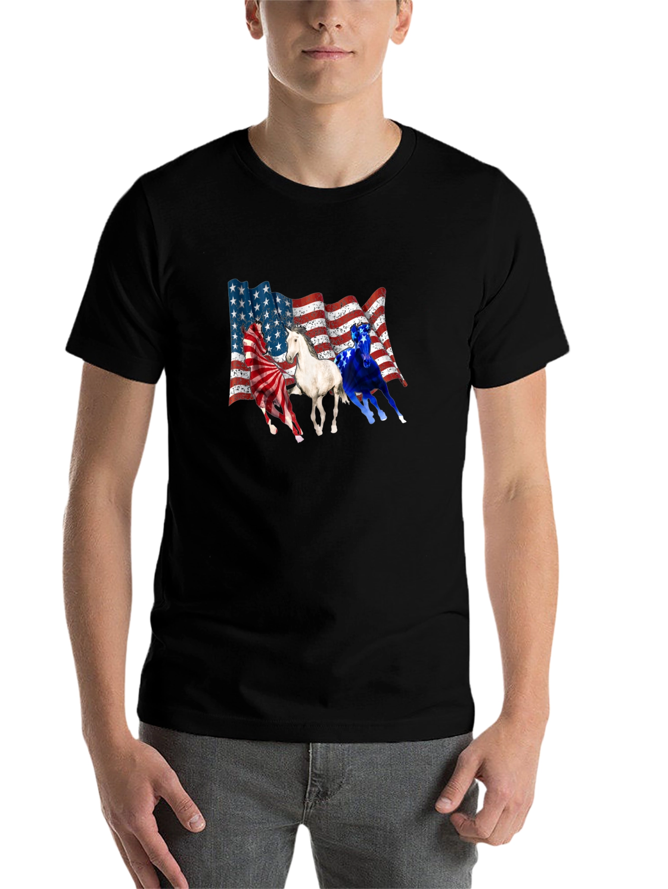 Black Patriotic Horses USA Flag T-Shirt view 7