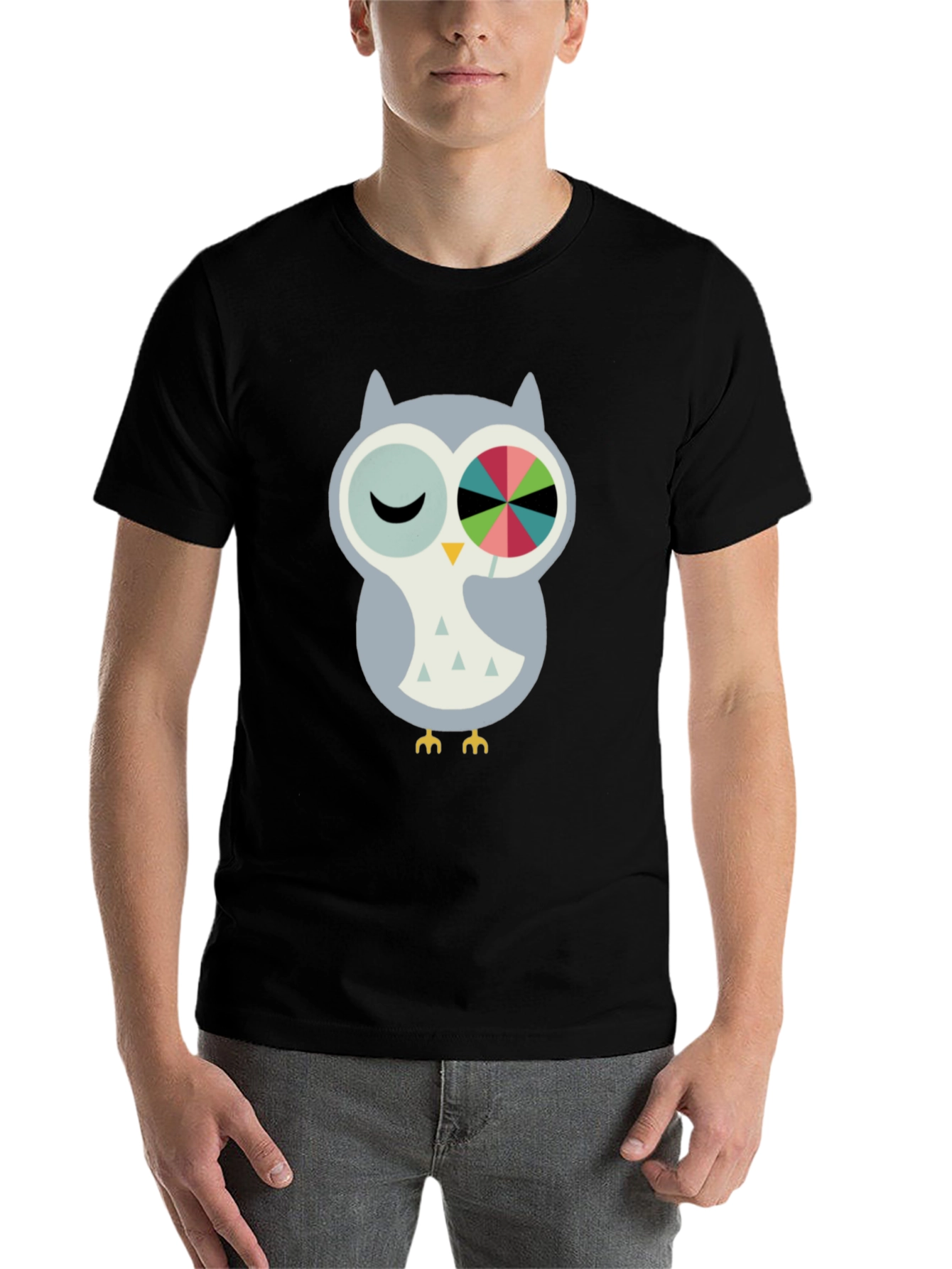 Black Whimsical Owl Graphic Tee - Cotton Blend Comfort view 7