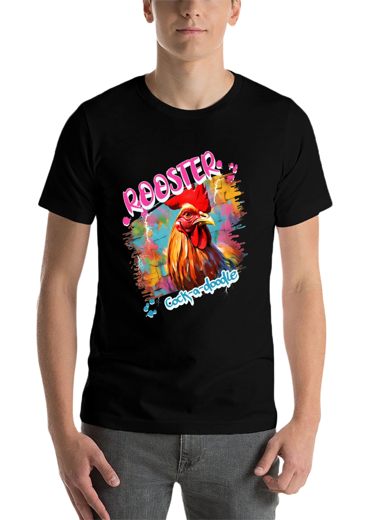 Black Rooster Graphic Tee - Men's Colorful Cock-a-doodle Shirt view 7