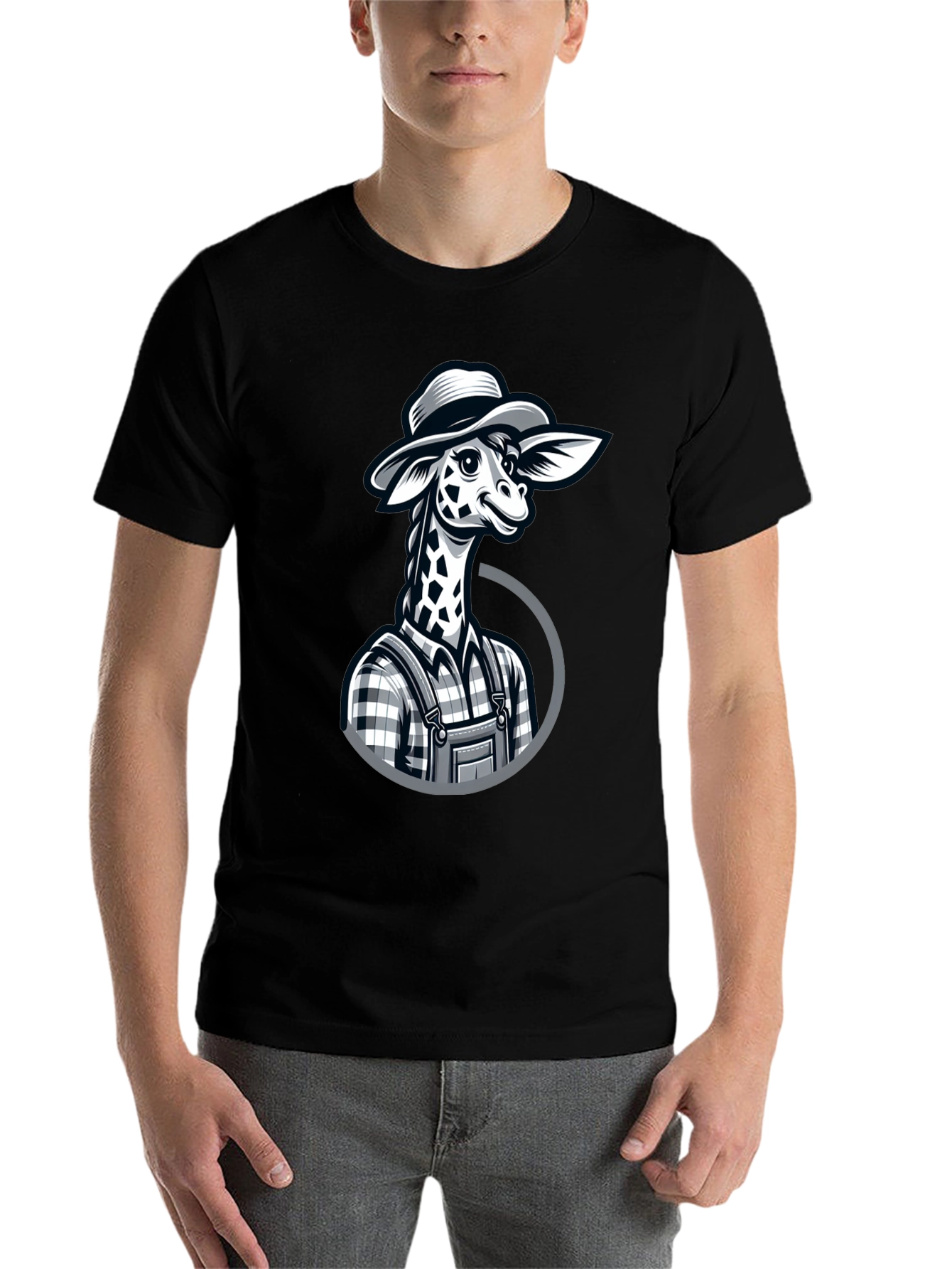 Black Giraffe Farmer Graphic Tee - Novelty Cartoon Animal Shirt view 7