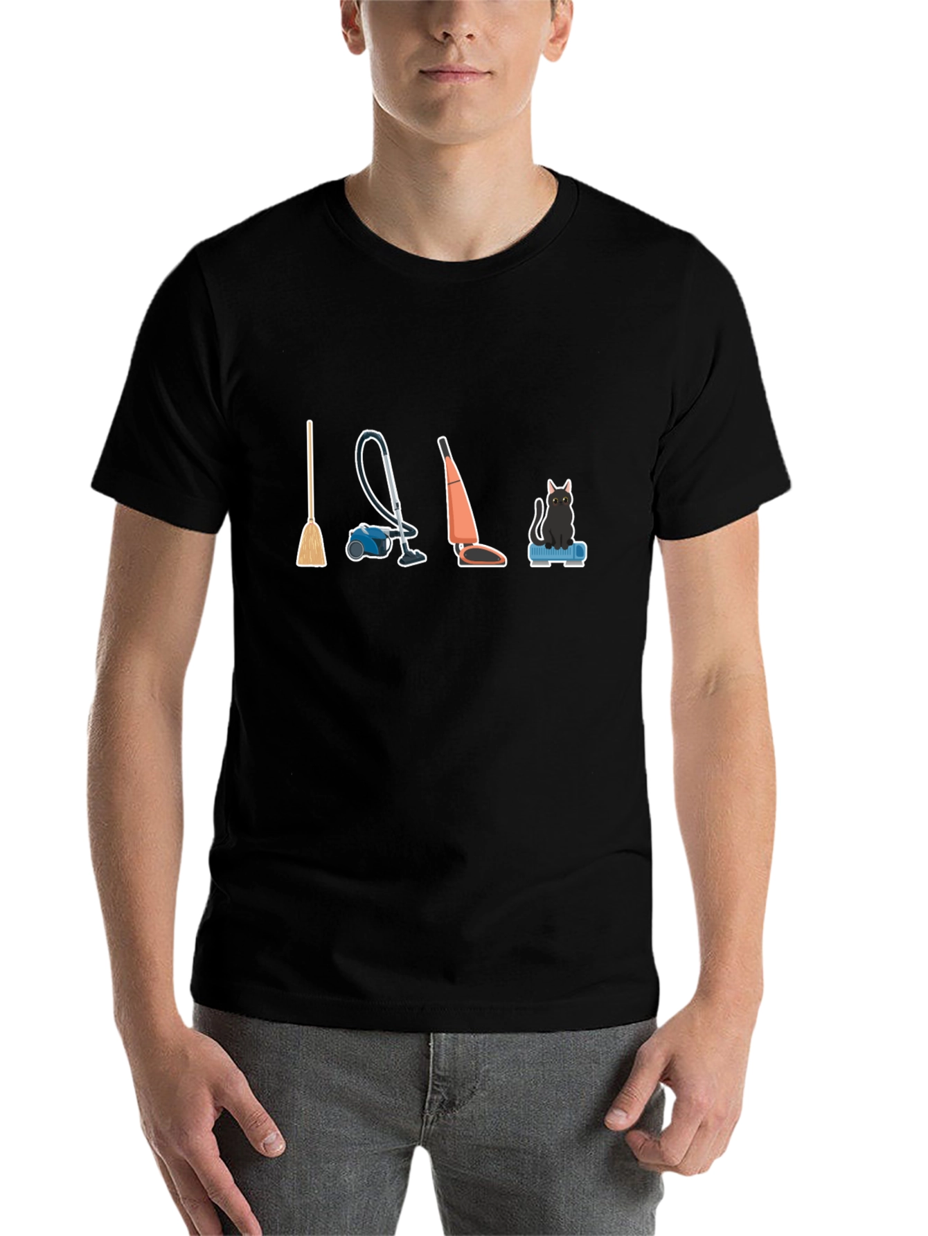 Black Cleaning Crew T-Shirt: Broom, Vacuum, and Cat view 7
