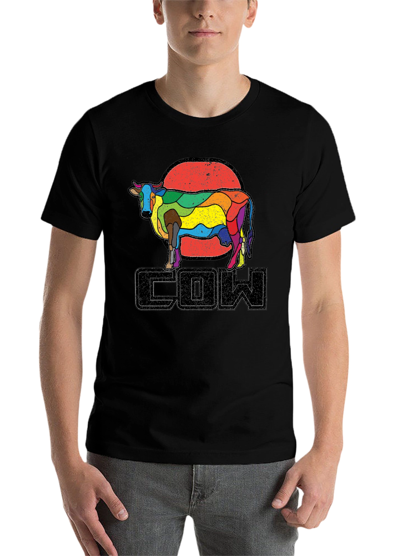 Black Retro Rainbow Cow Graphic T-Shirt view 7