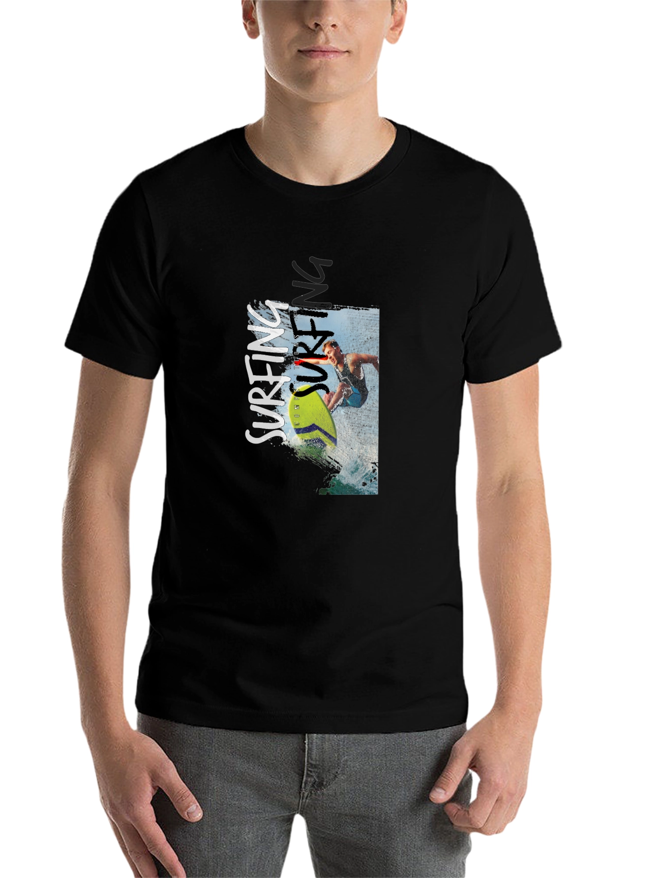 Black Surfing Graphic Print Tee - Black Cotton T-Shirt view 7