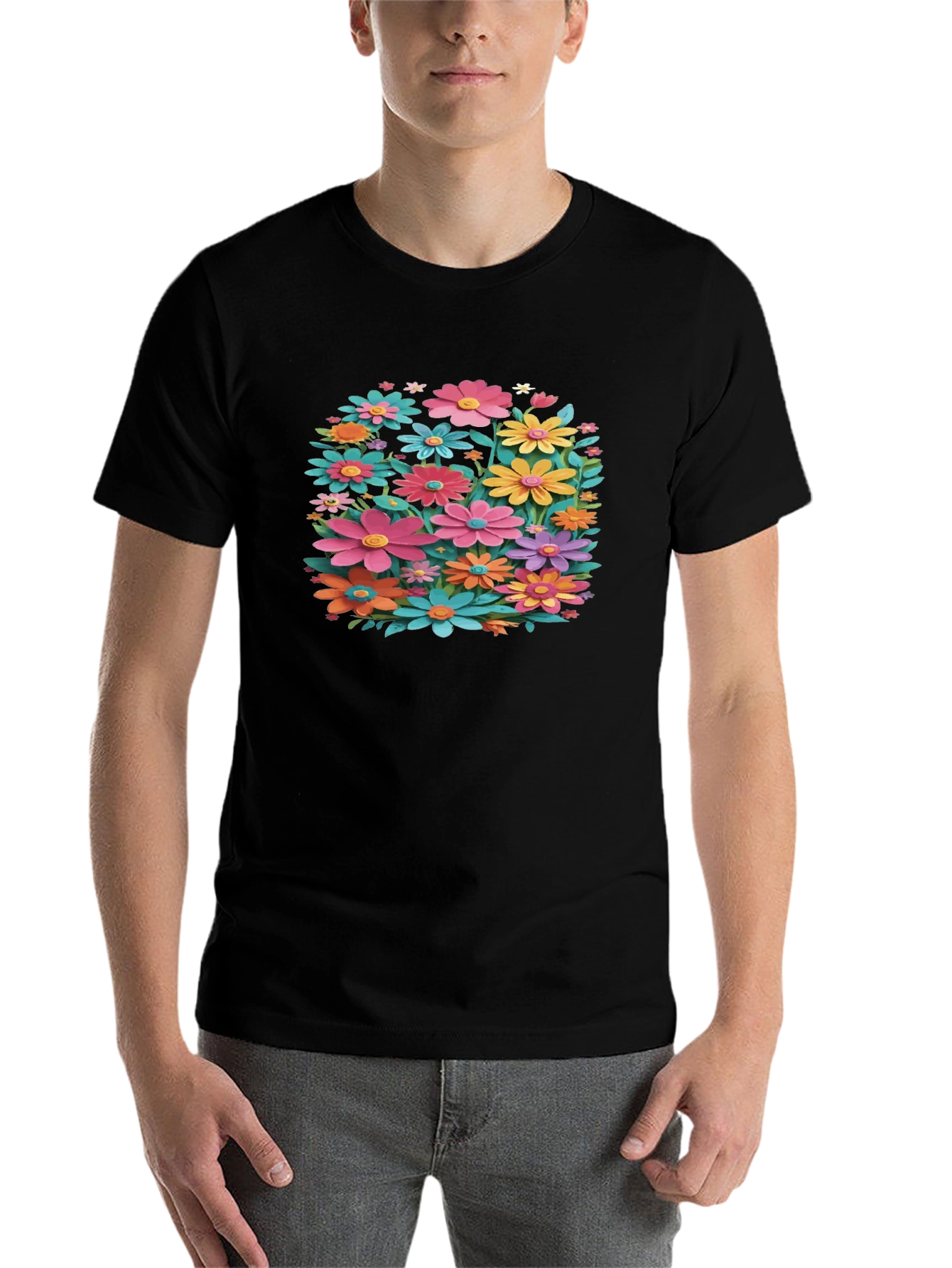Black Floral T-Shirt - Black, Colorful Flower Design view 7
