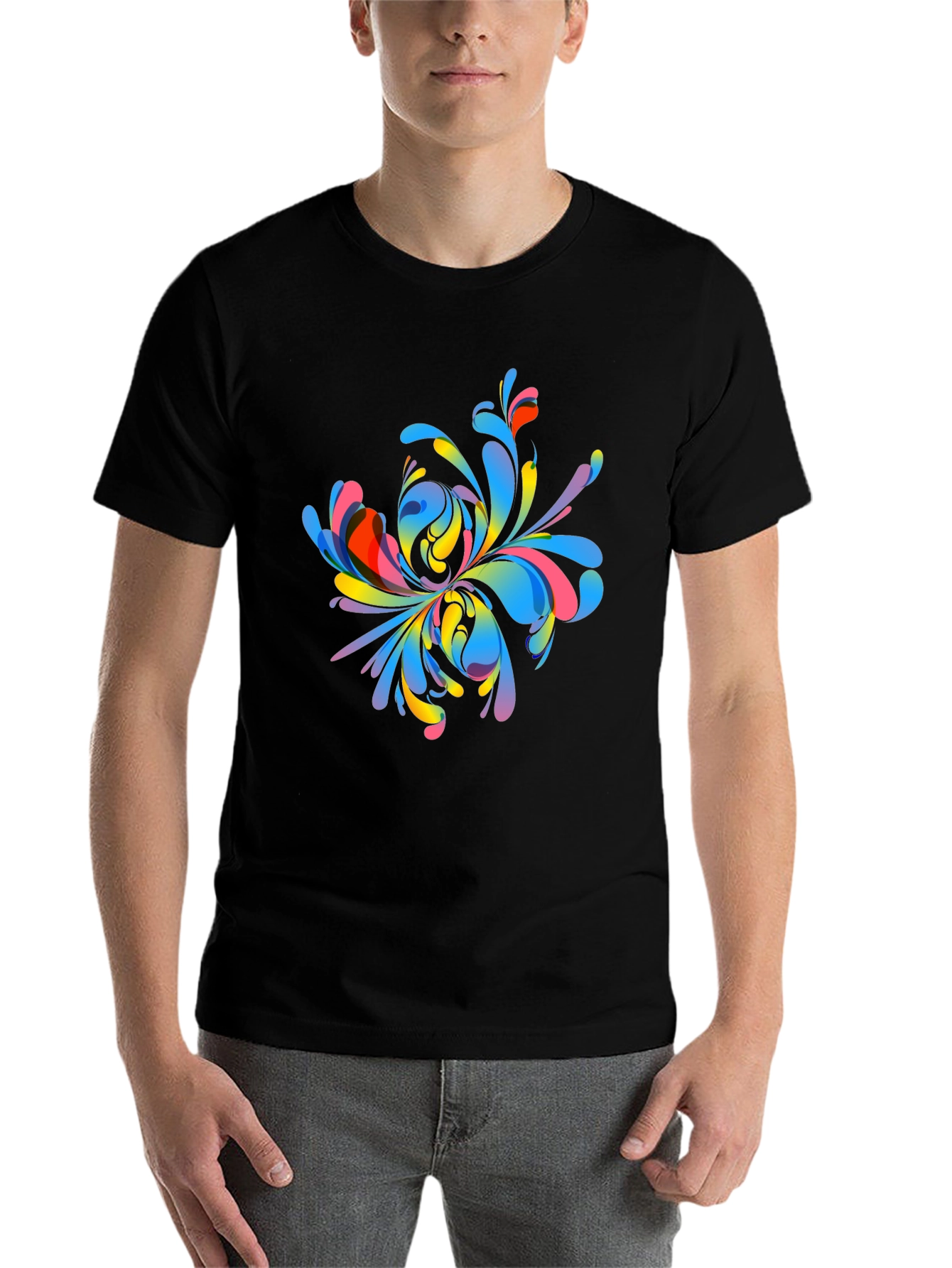 Black Colorful Abstract Floral Graphic Print T-Shirt view 7