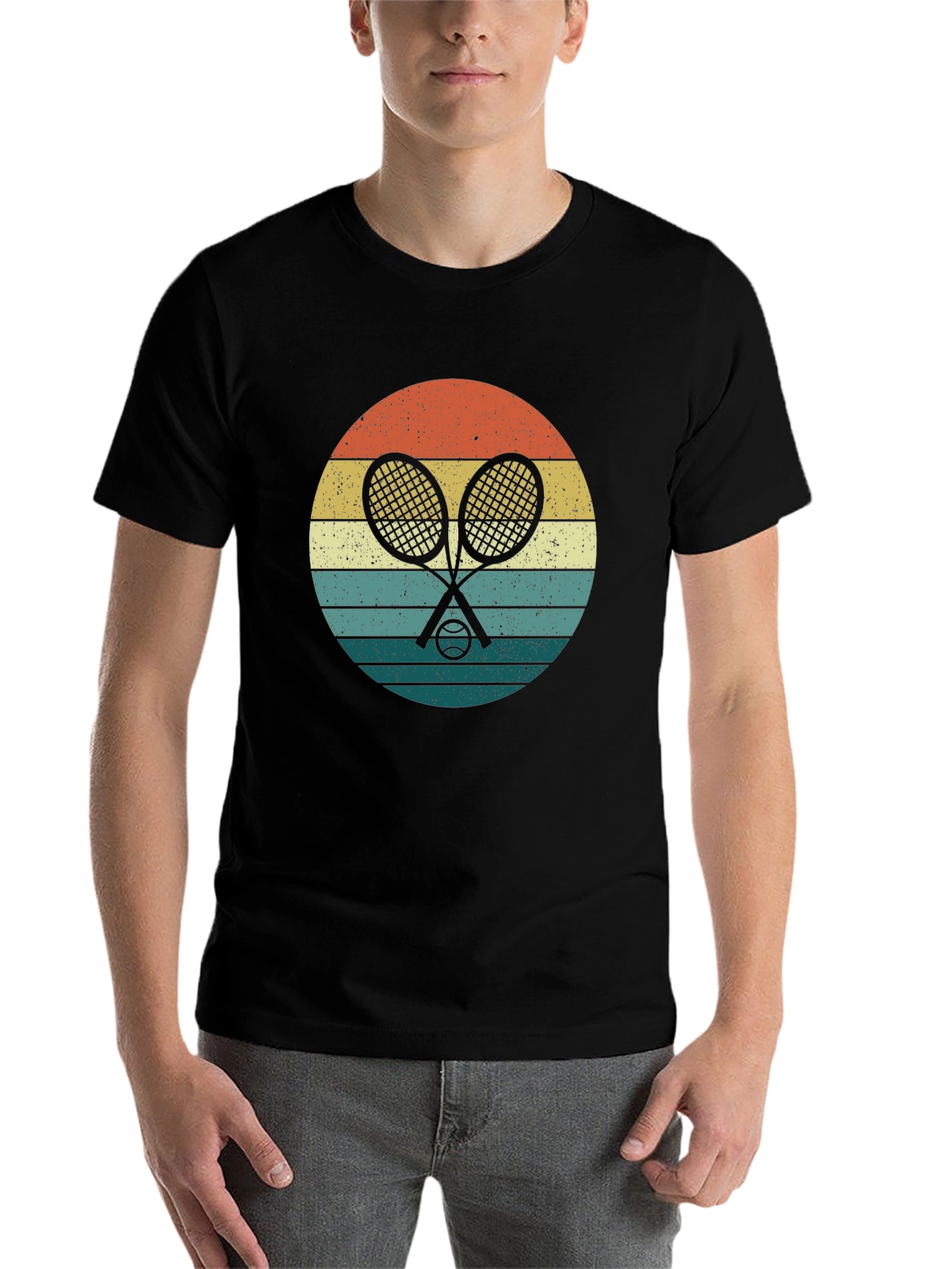 Black Retro Tennis Rackets & Ball Graphic T-Shirt view 7