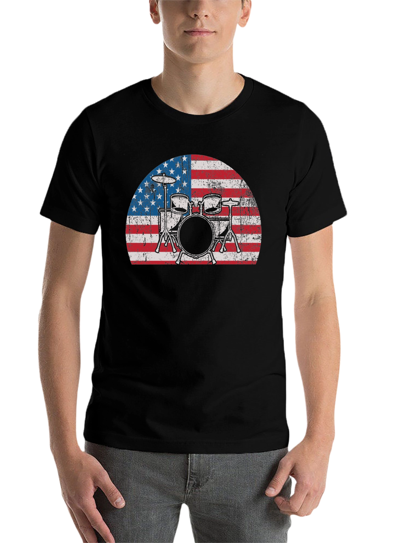 Black American Flag Drum Set T-Shirt view 7