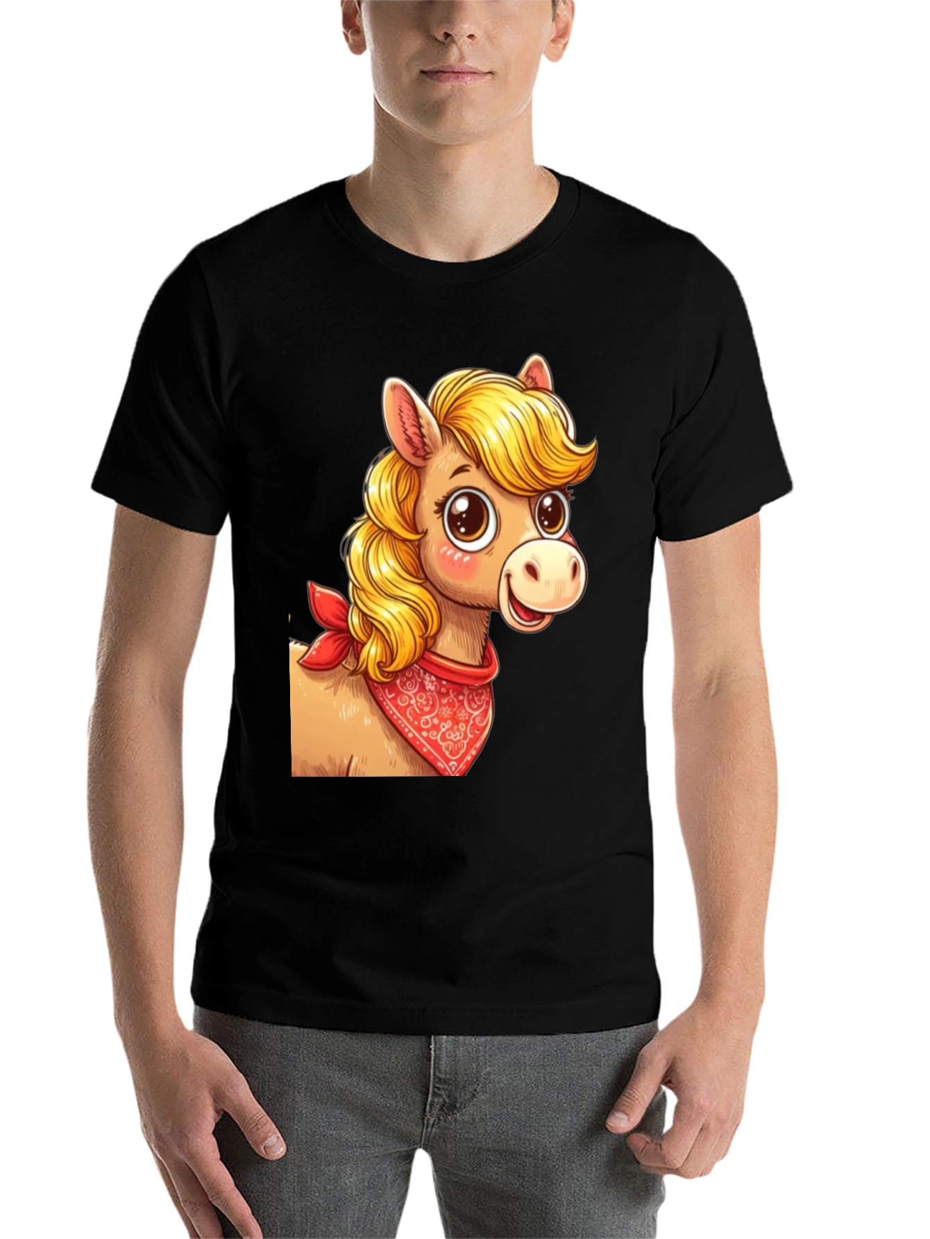 Black Cartoon Horse Bandana Graphic T-Shirt view 7