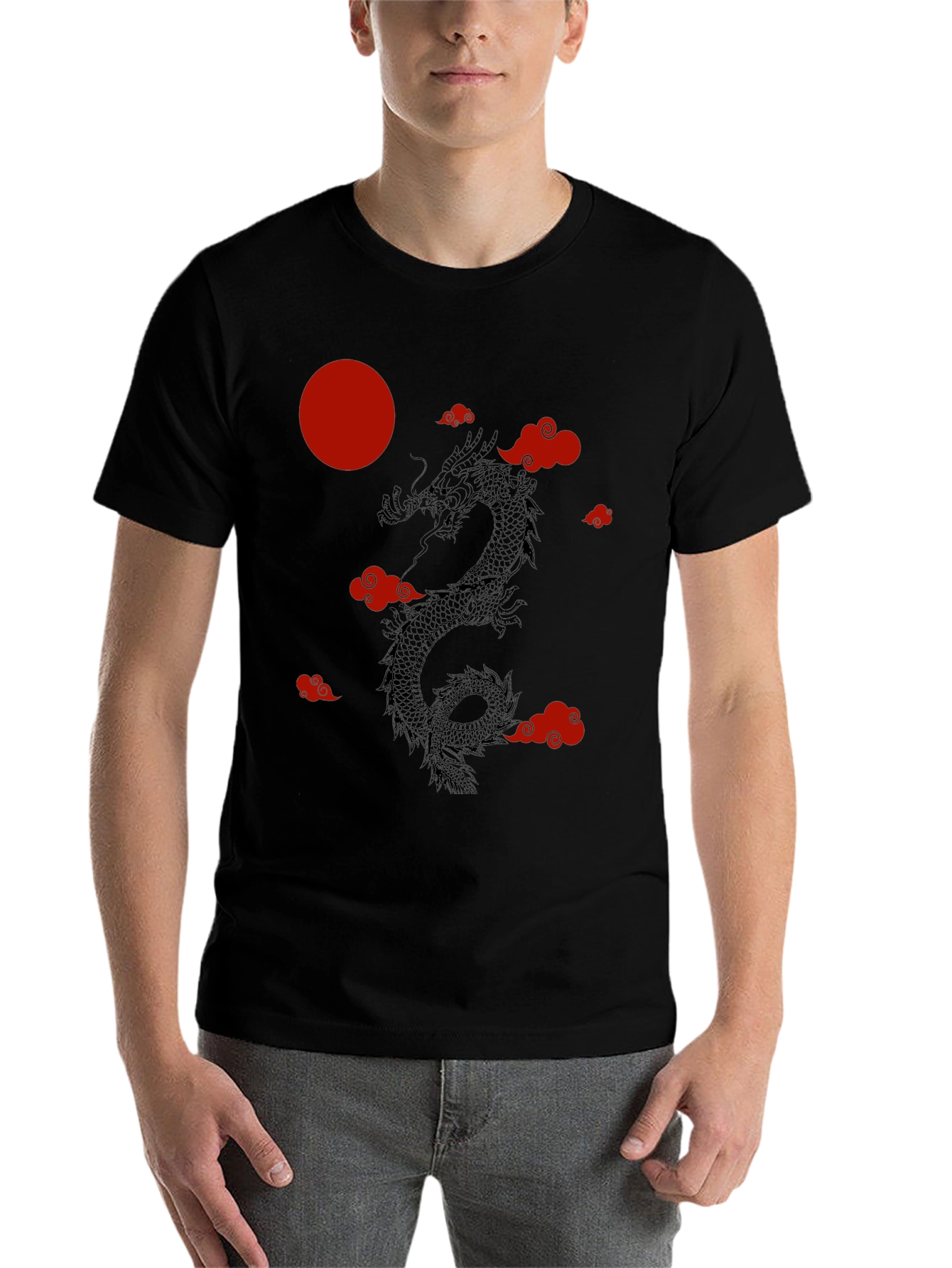 Black Dragon & Clouds Graphic Tee - Red Moon - Black Shirt view 7