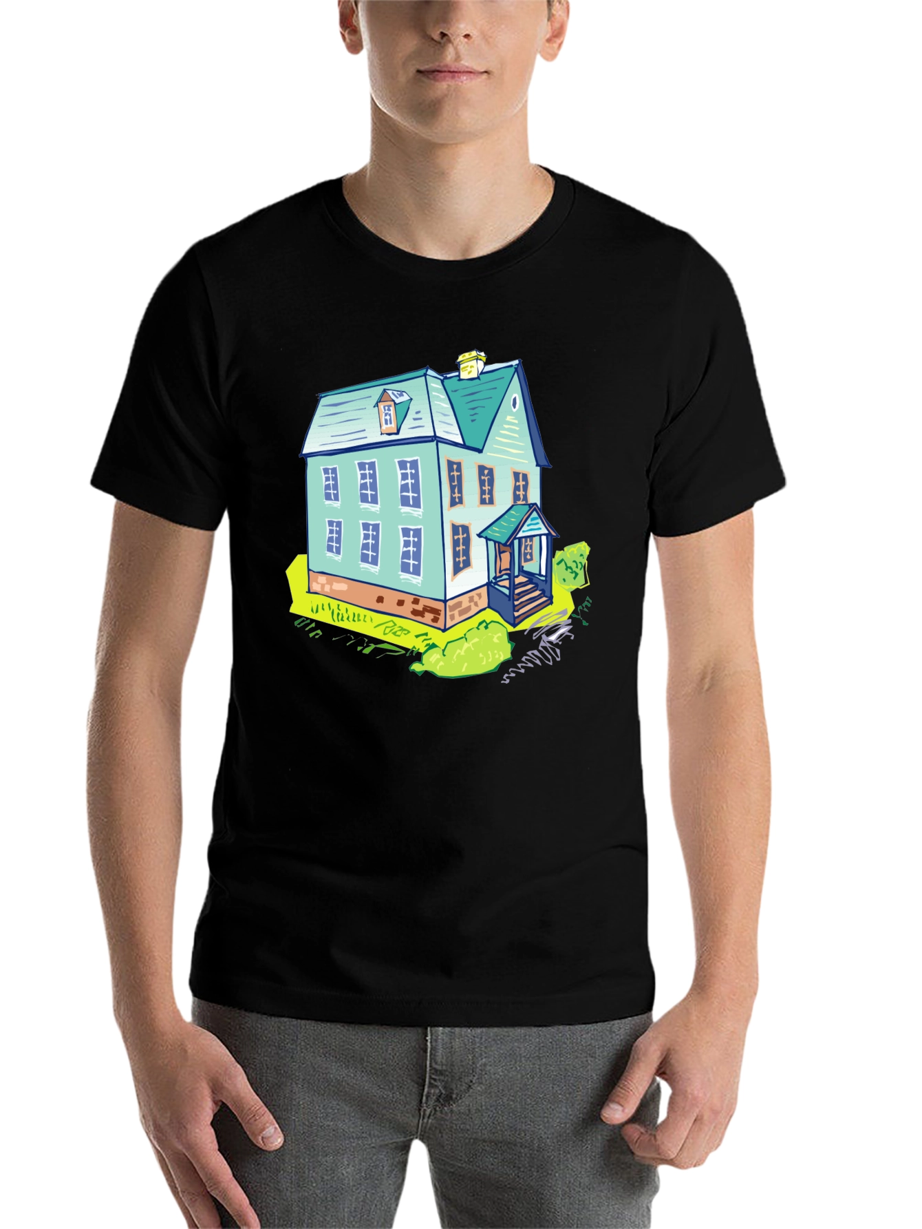 Black Cartoon House Graphic Tee - Black Cotton T-Shirt view 7