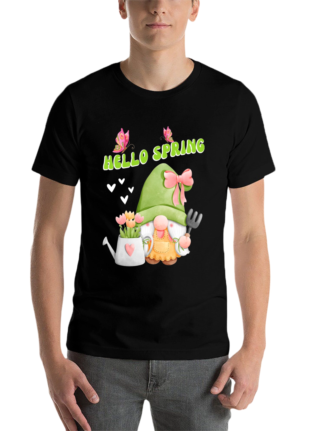 Black Hello Spring Garden Gnome T-Shirt view 7