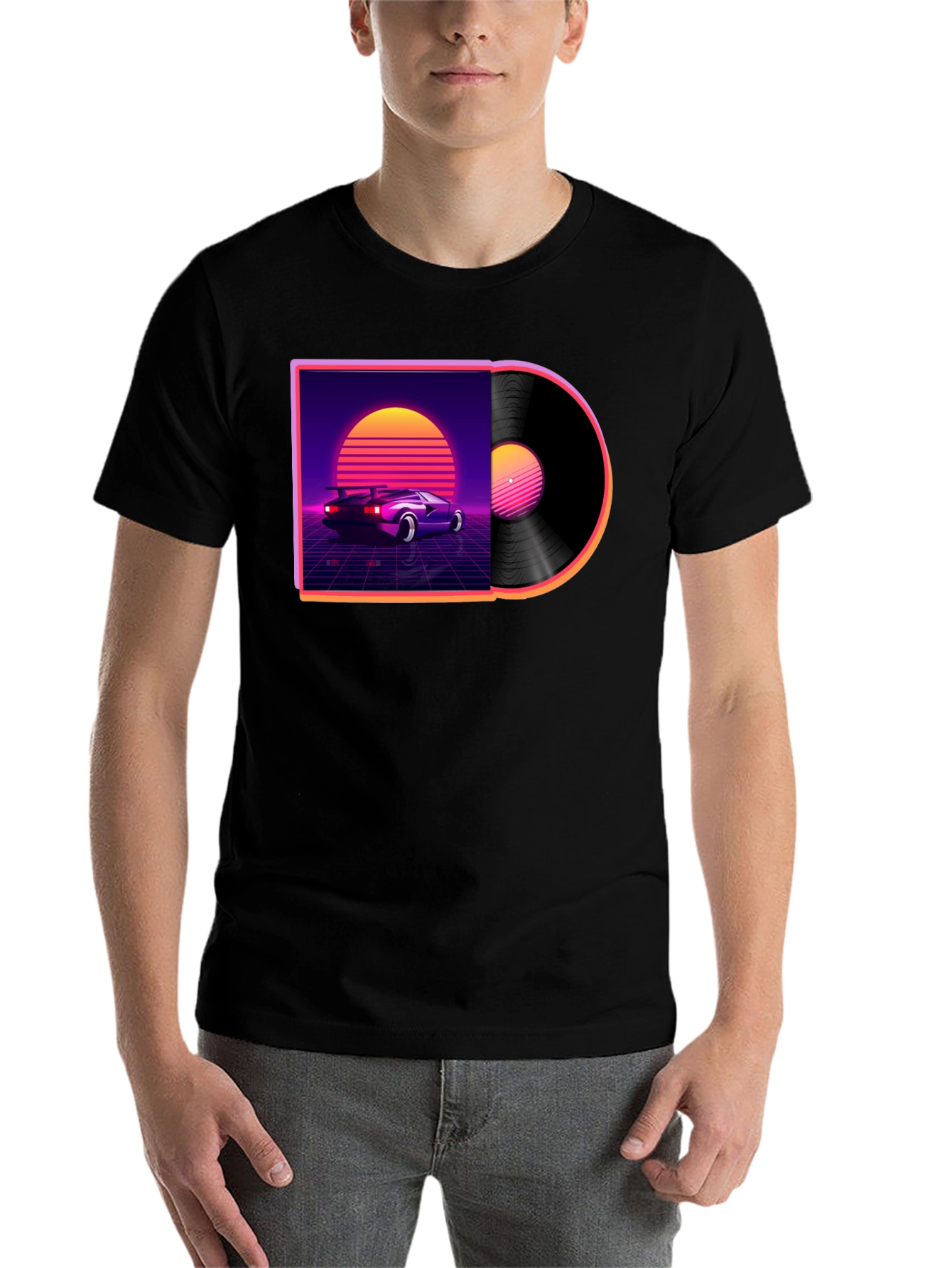 Black Retro Wave Vinyl T-Shirt - Classic Car Design view 7