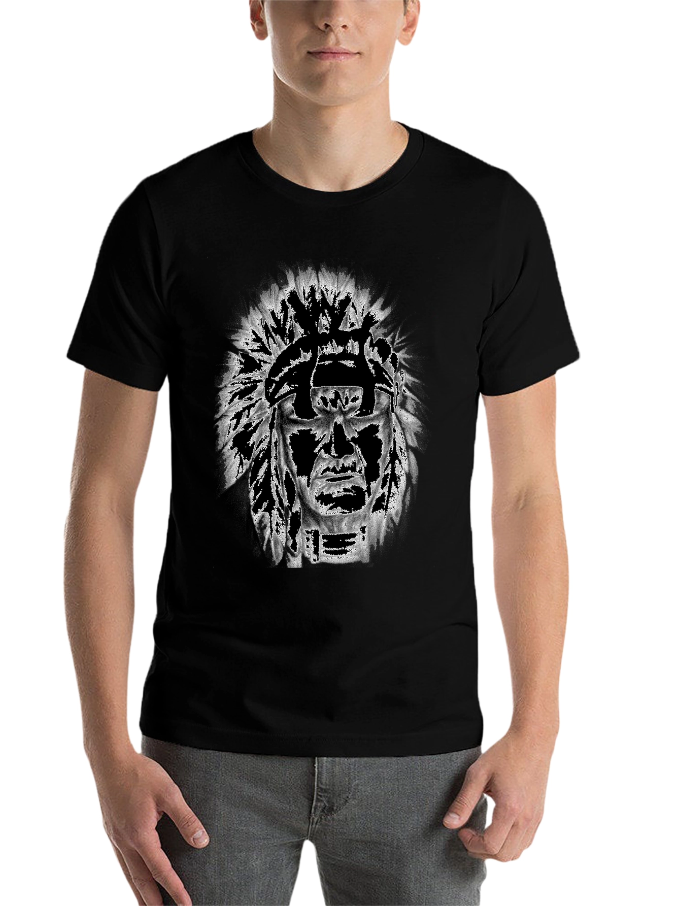 Black Graphic Tee: Native American Headdress Design view 7