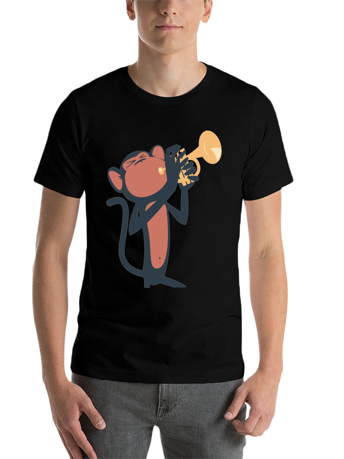Black Monkey Playing Trumpet Graphic Tee - Black Cotton T-Shirt view 7