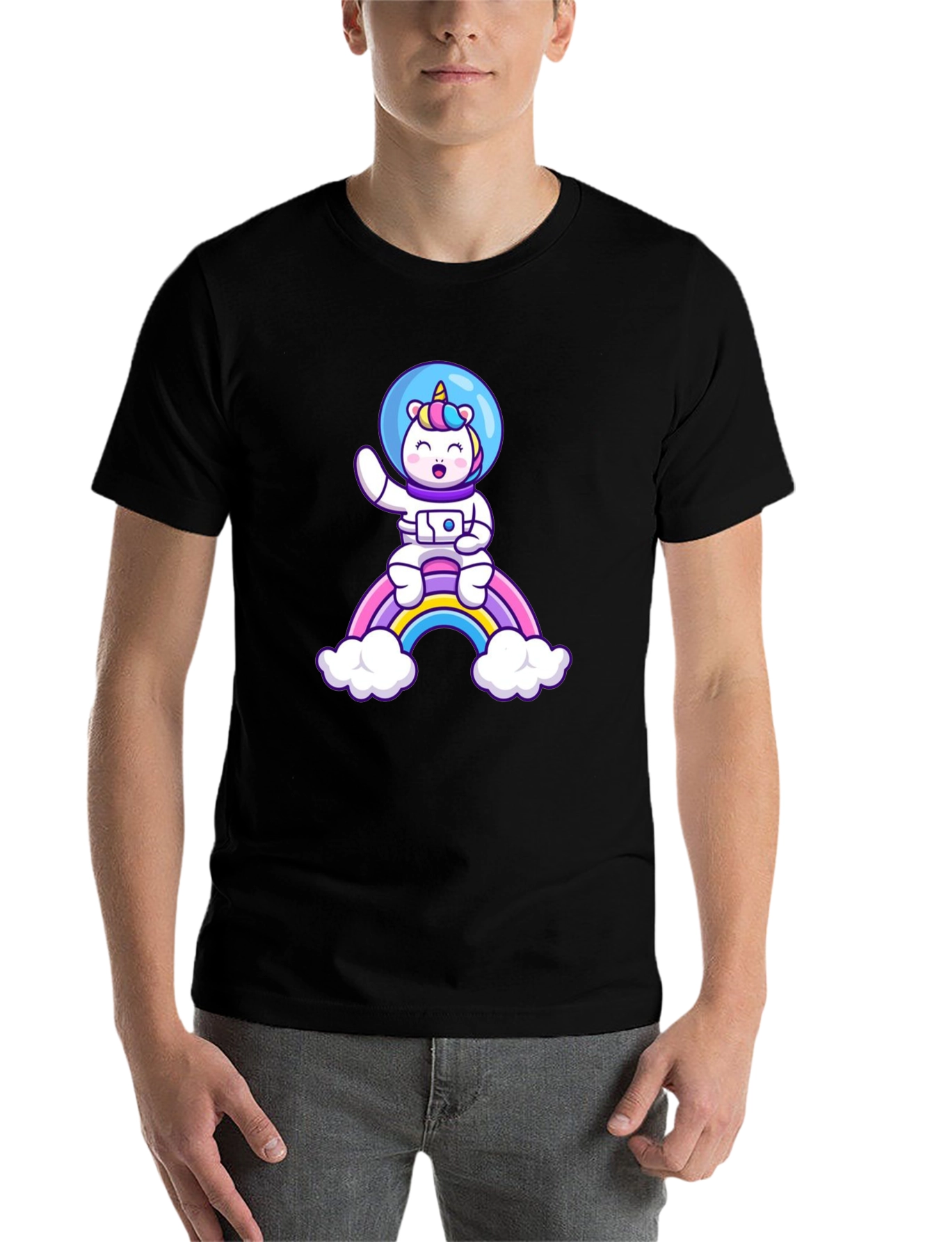 Black Unicorn Astronaut Rainbow T-Shirt view 7