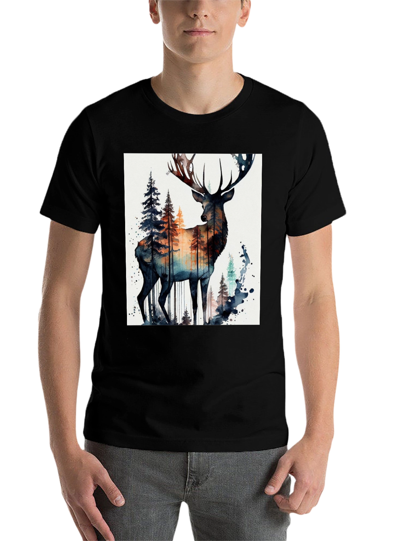 Black Deer Forest Watercolor Graphic Tee view 7