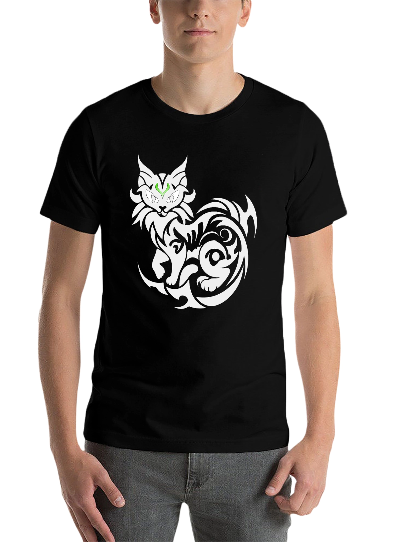 Black Tribal Cat Graphic Tee - Black Cotton T-Shirt view 7