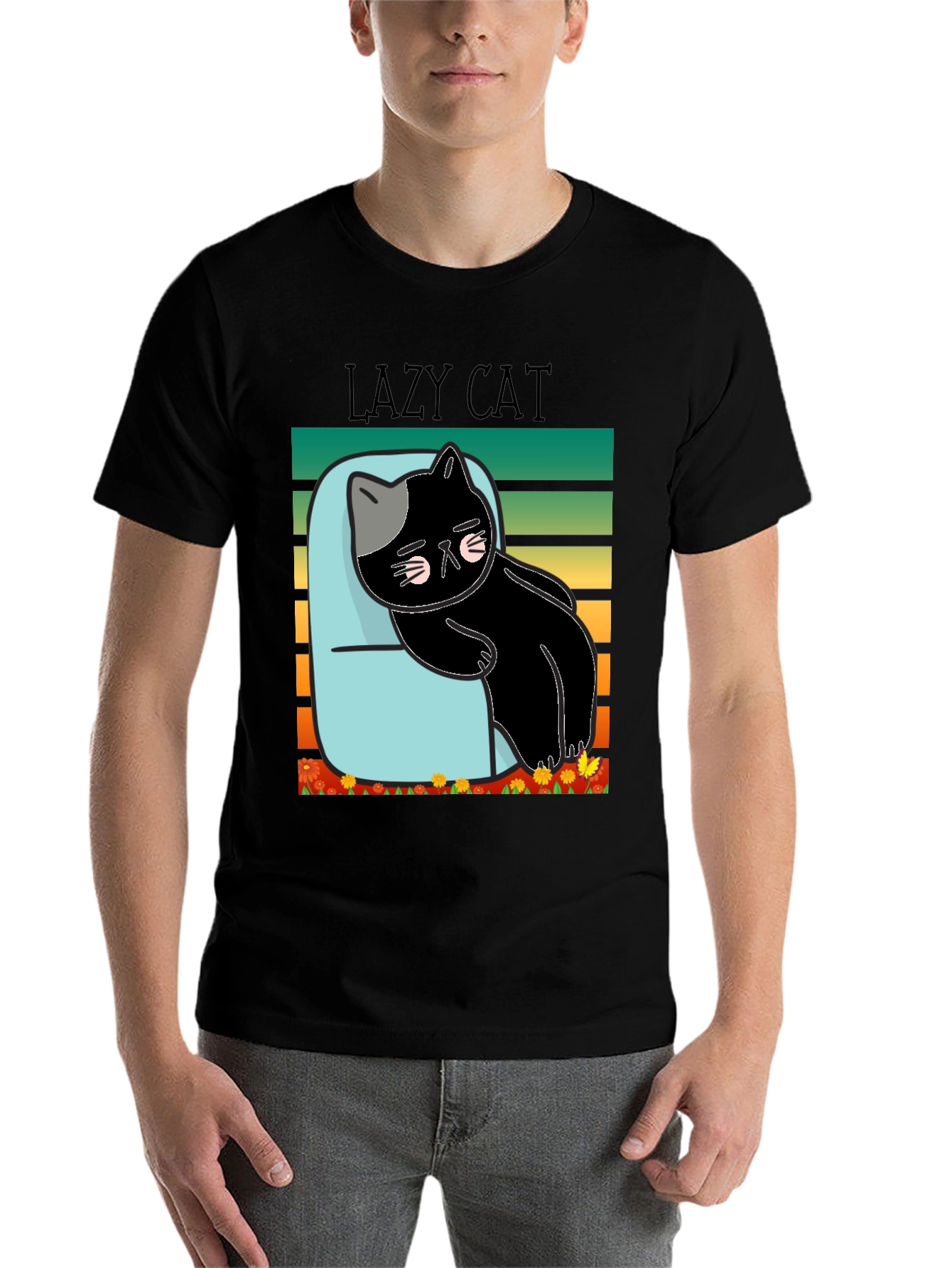 Black Lazy Cat T-Shirt - Black Cotton Tee view 7
