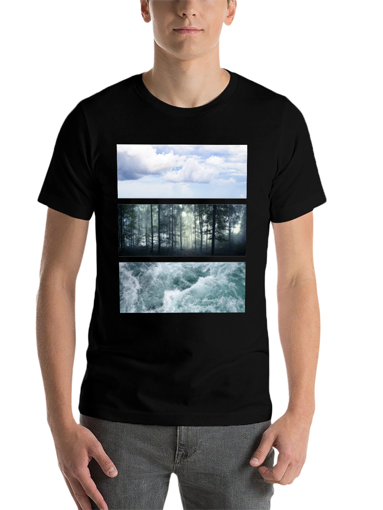 Black Nature Collage T-Shirt: Sky, Forest, Water Graphic Tee view 7