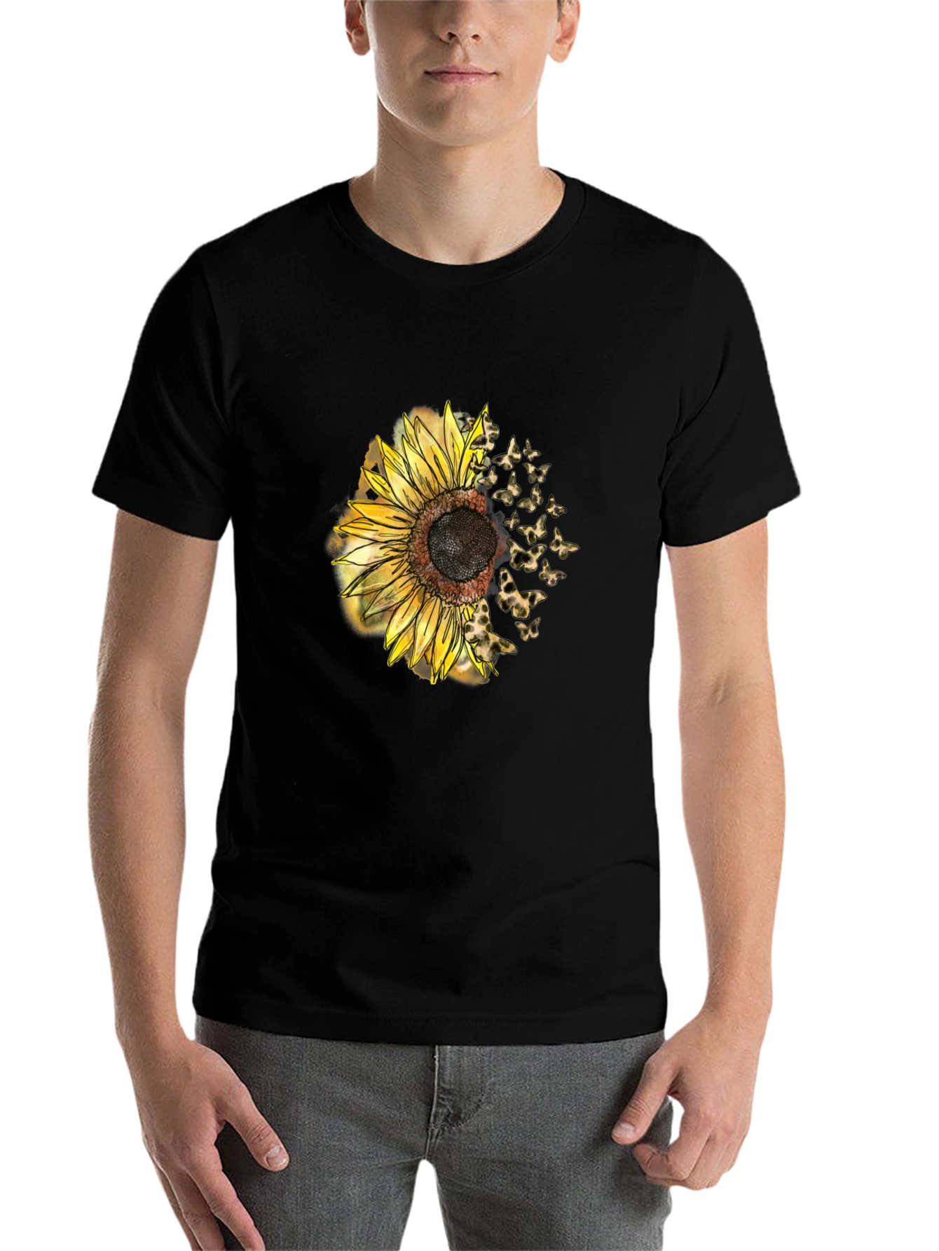 Black Sunflower Butterfly Men's Black T-Shirt view 7