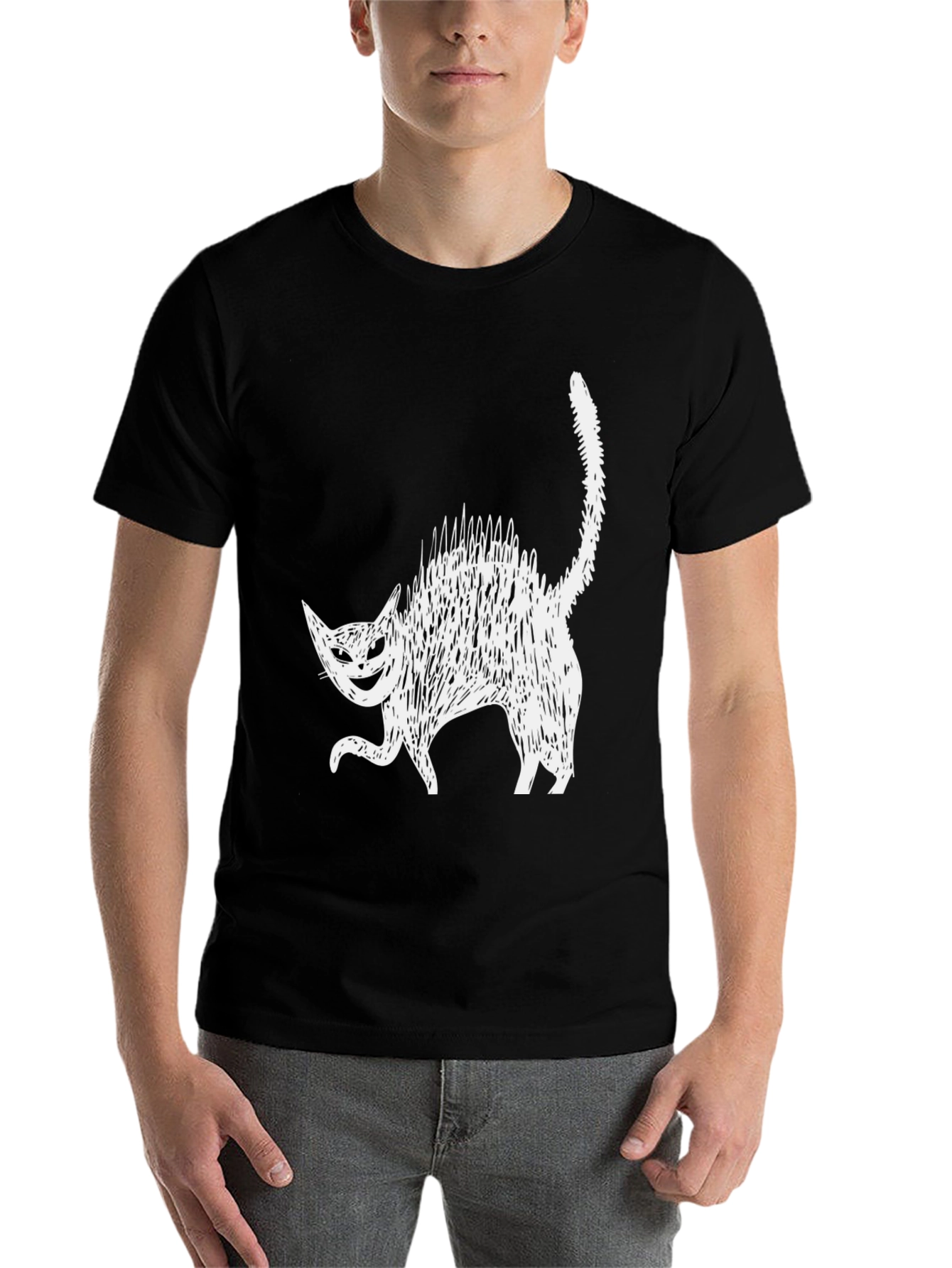Black Creepy Cat Graphic Tee - Black Cotton Blend view 7