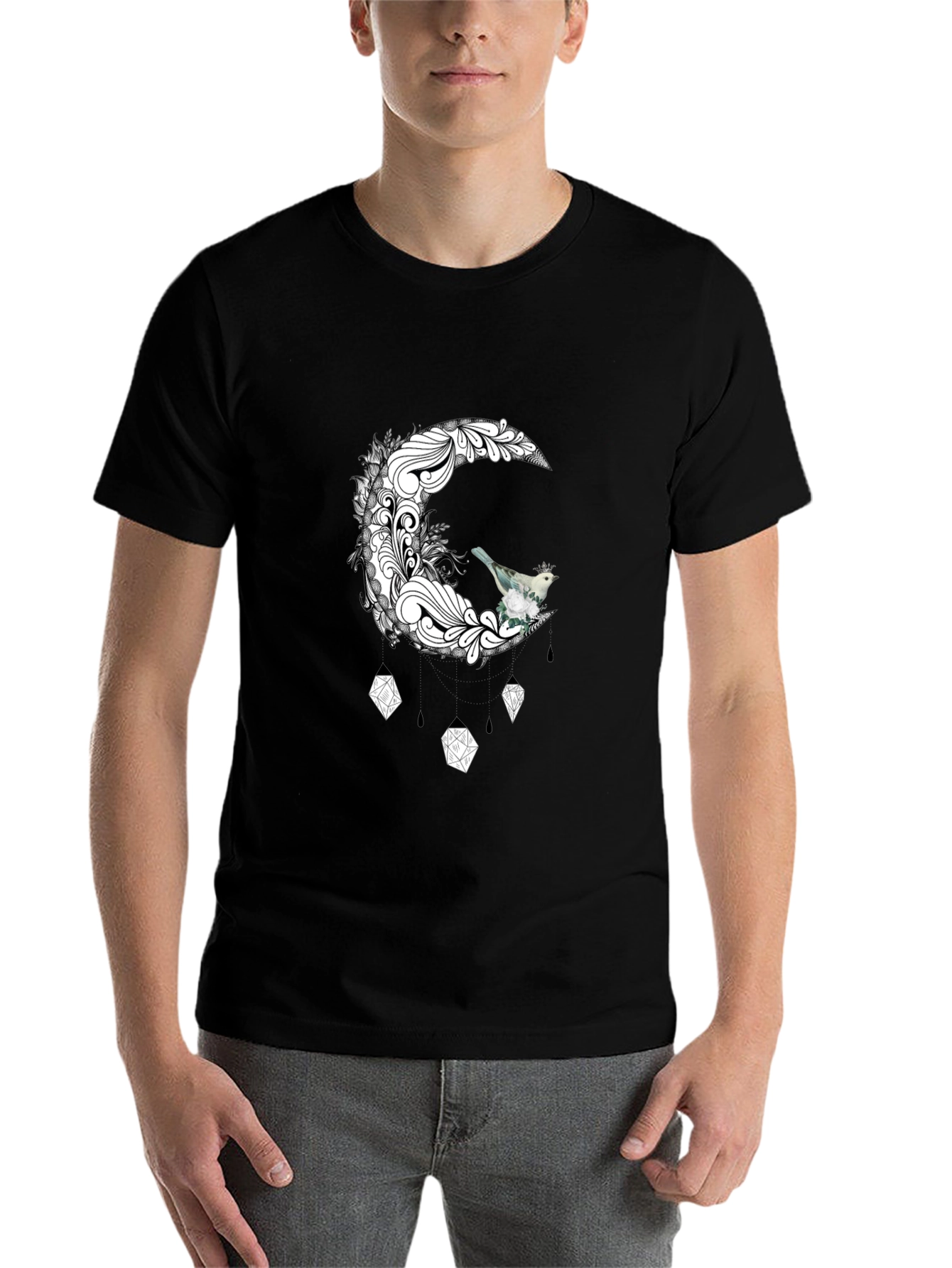 Black Black T-Shirt with Moon and Bird Graphic view 7