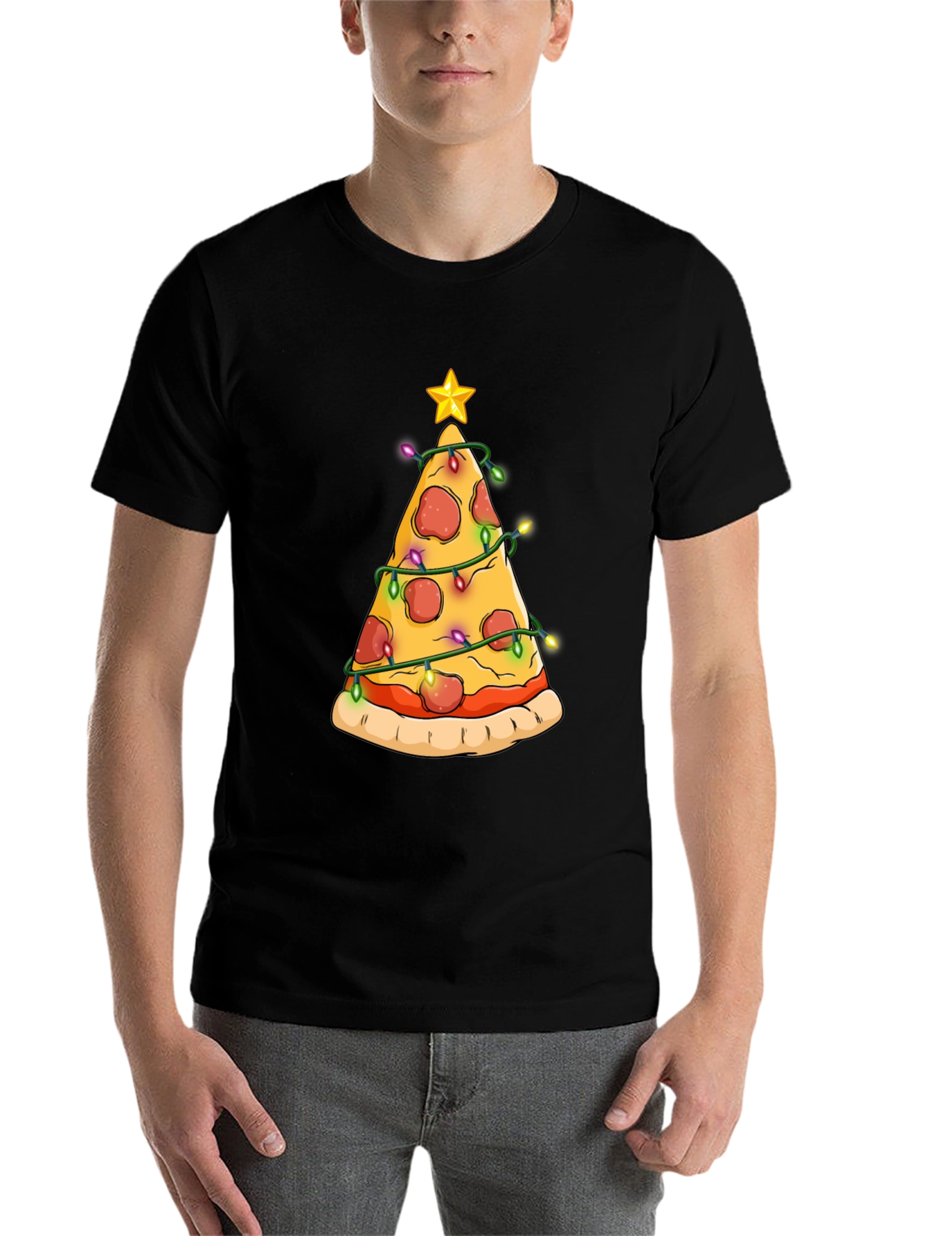Black Pizza Christmas Tree T-Shirt view 7
