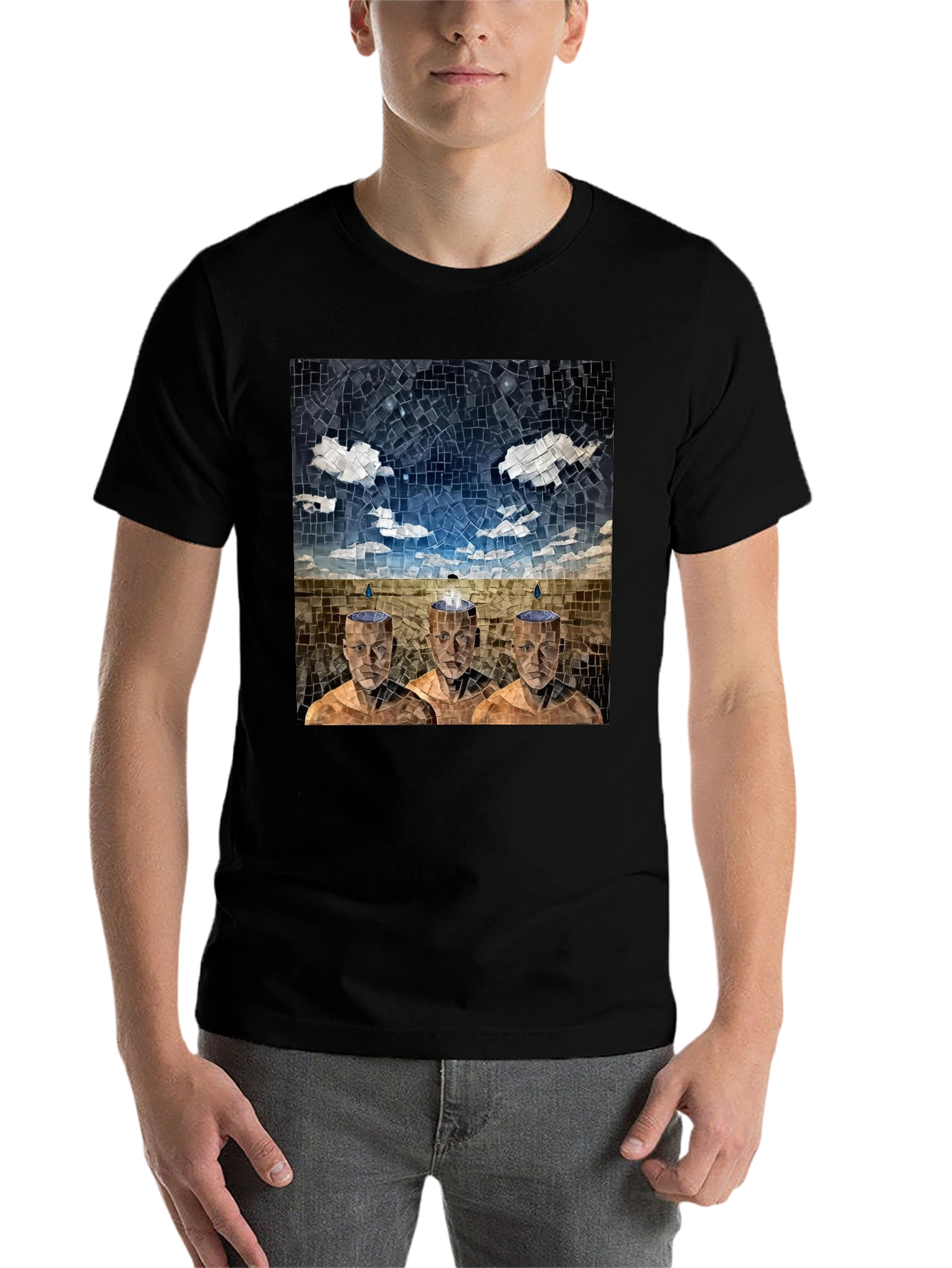 Black Mosaic Heads T-Shirt - Surreal Artistic Design view 7