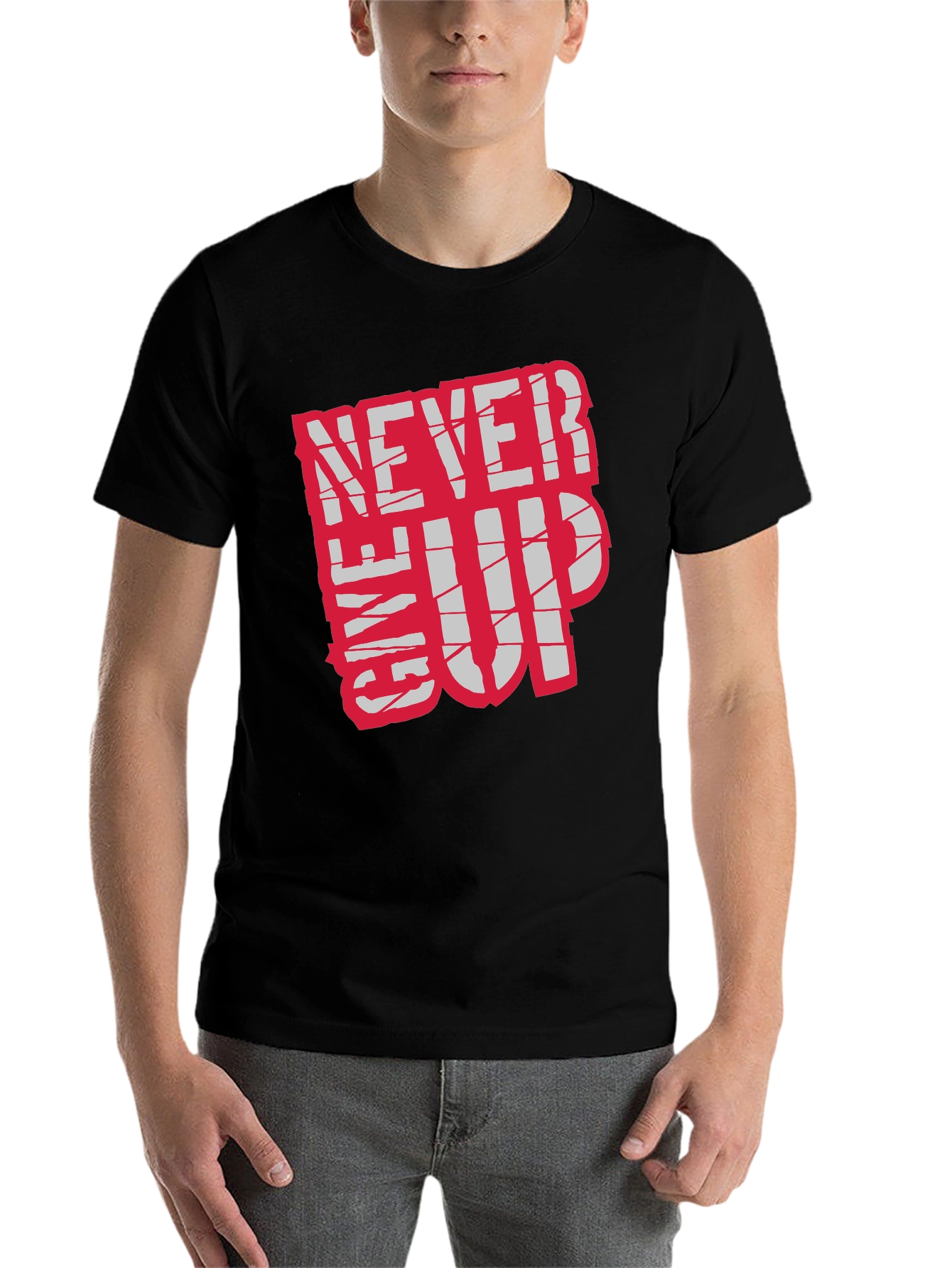 Black Motivational 'Never Give Up' Black T-Shirt view 7