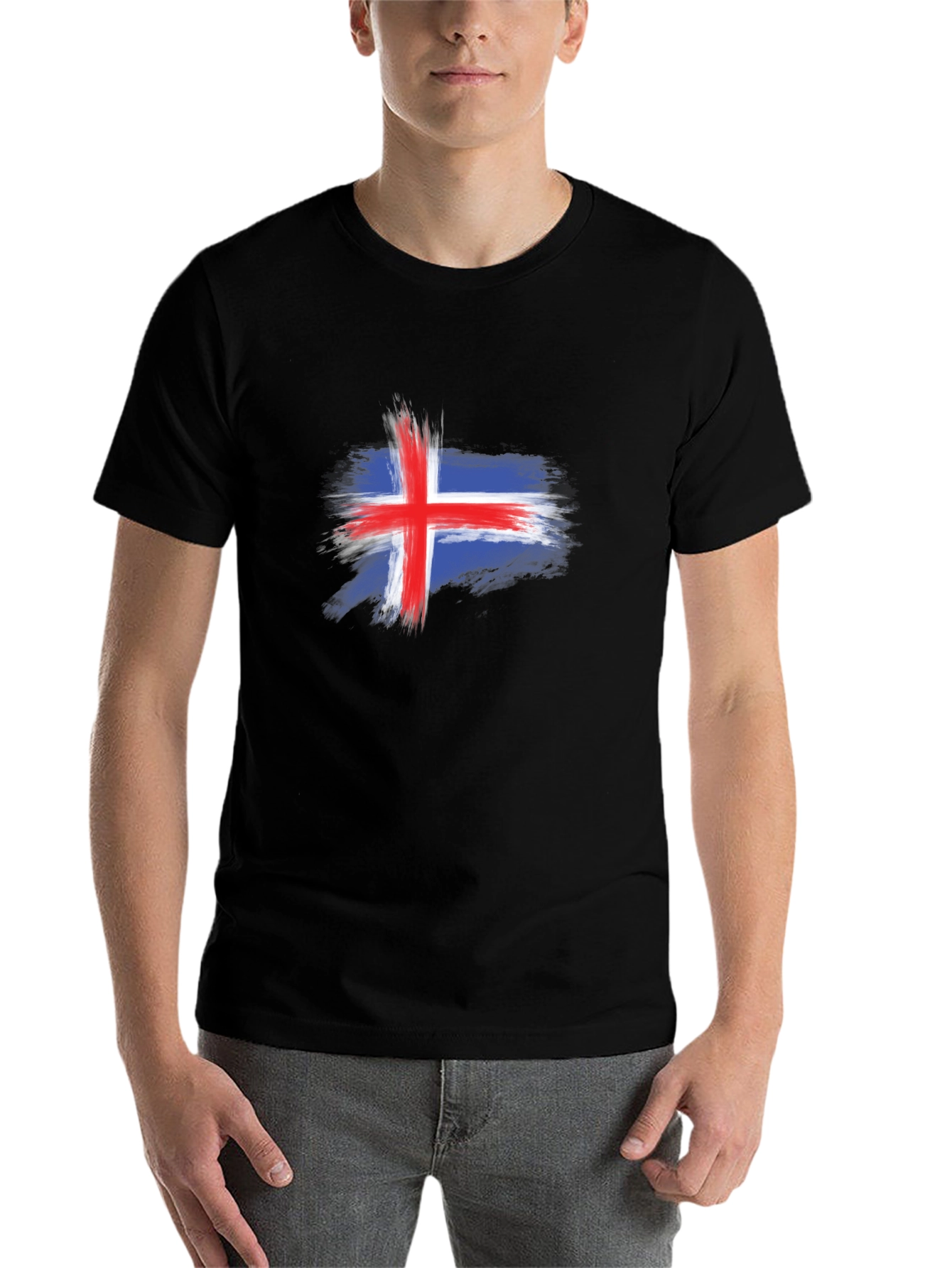 Black Iceland Flag Brush Stroke Men's Black T-Shirt view 7