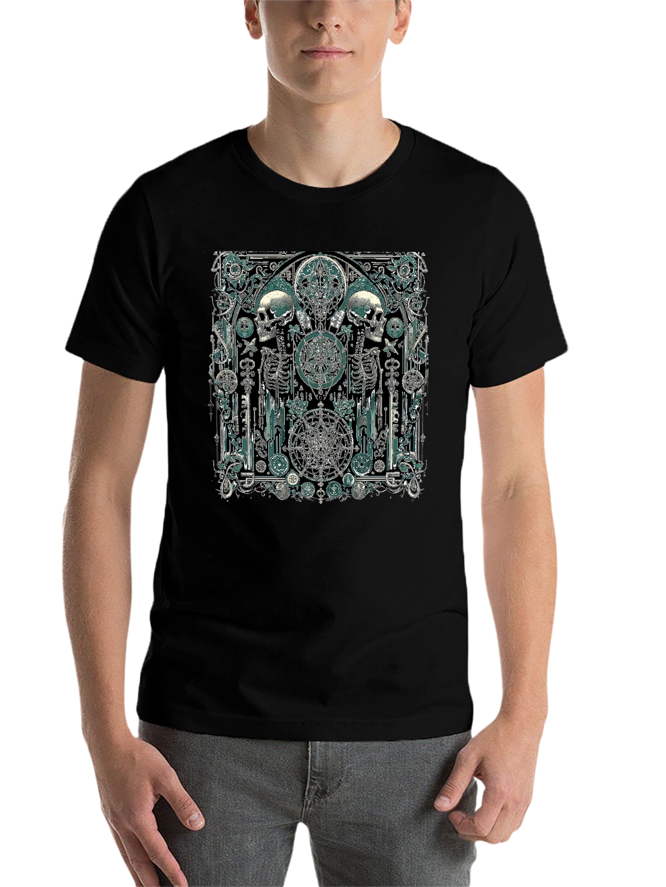 Black Skull & Skeleton Gothic Graphic T-Shirt view 7