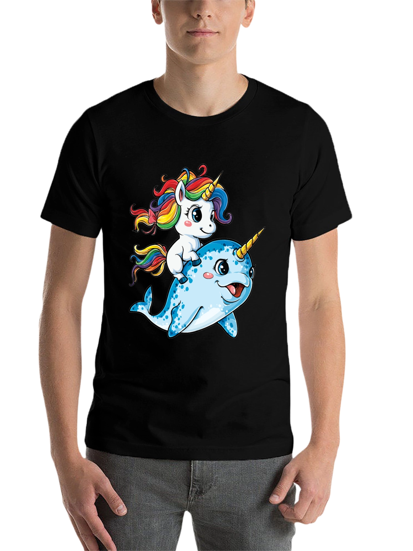 Black Unicorn Riding Narwhal T-Shirt view 7