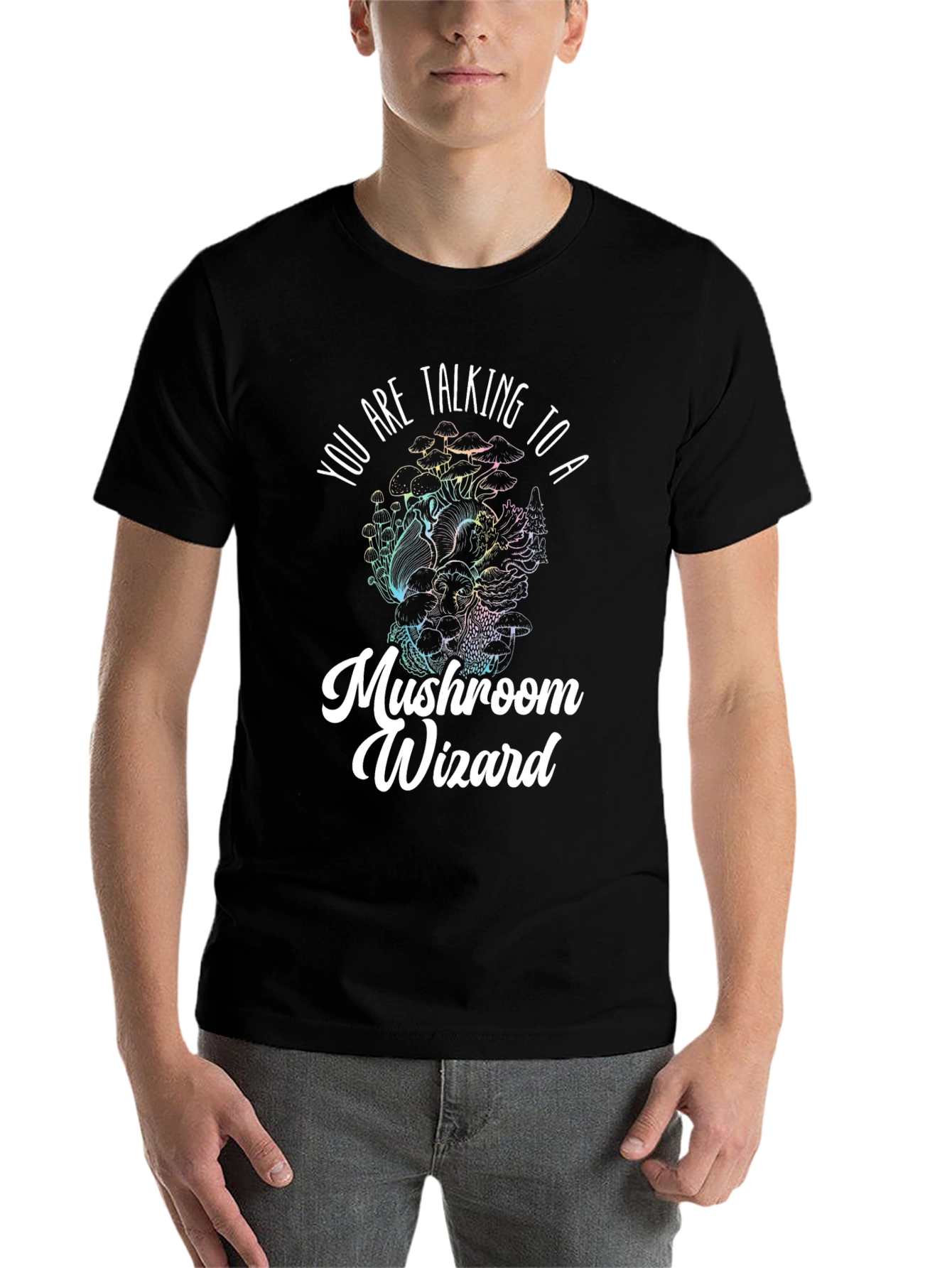 Black Mushroom Wizard Graphic Tee - Black Novelty T-Shirt view 7