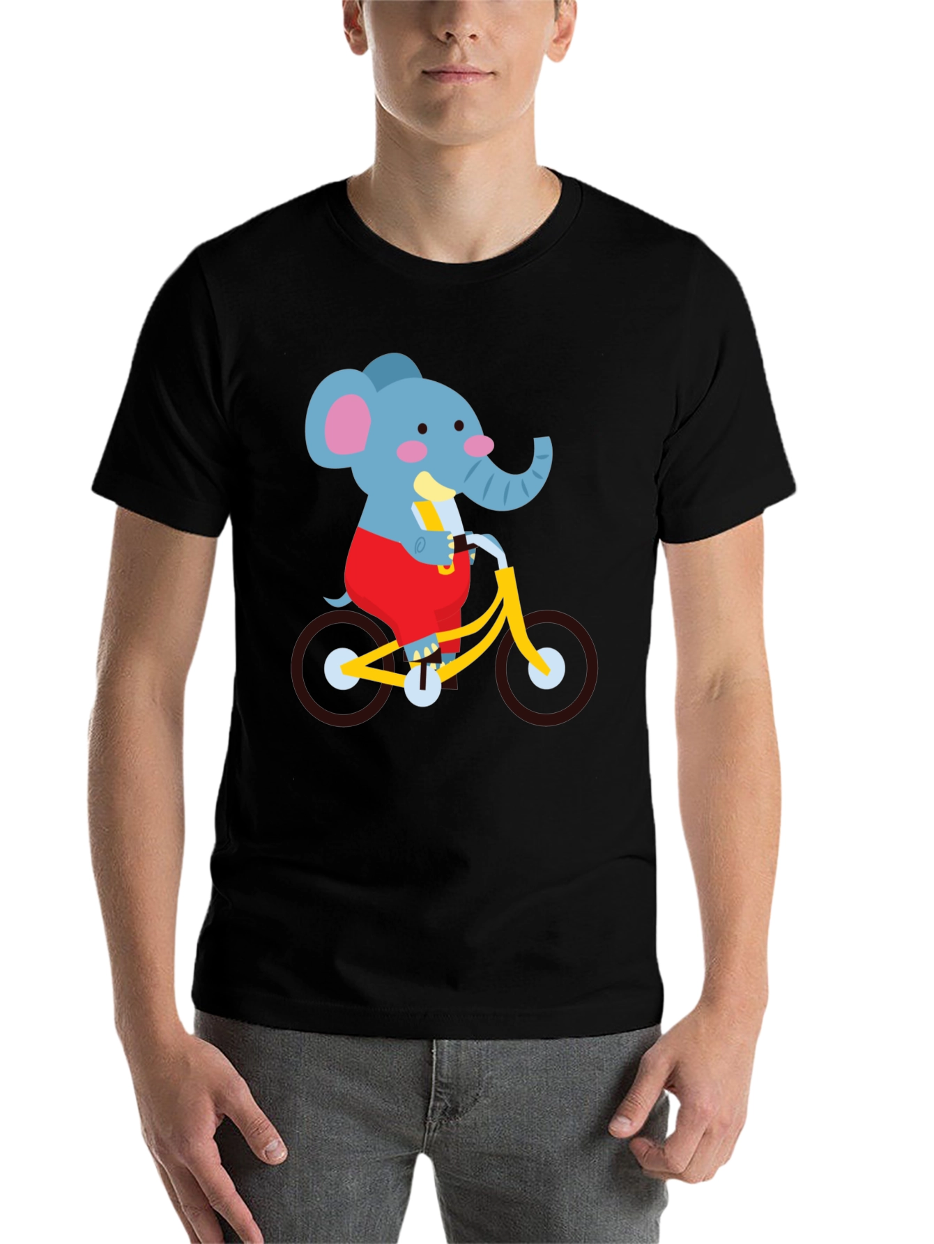 Black Elephant on Bike Graphic Tee - Fun Cartoon Shirt view 7