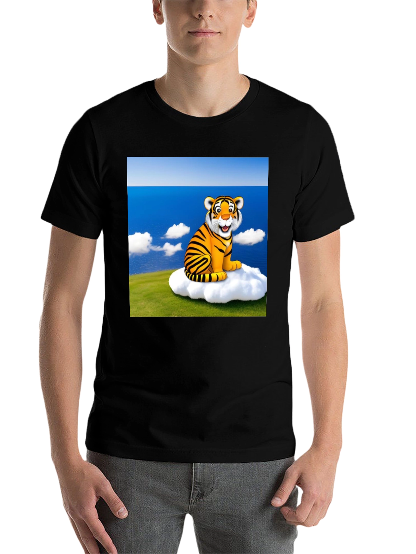 Black Cartoon Tiger on Cloud Black T-Shirt view 7