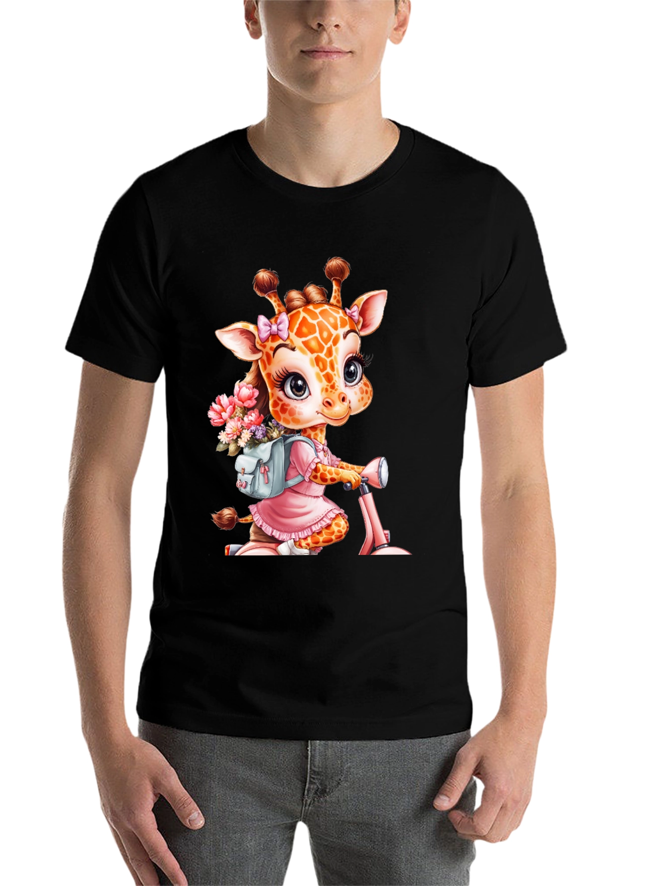 Black Giraffe on Scooter Graphic Tee - Cute Animal T-Shirt view 7