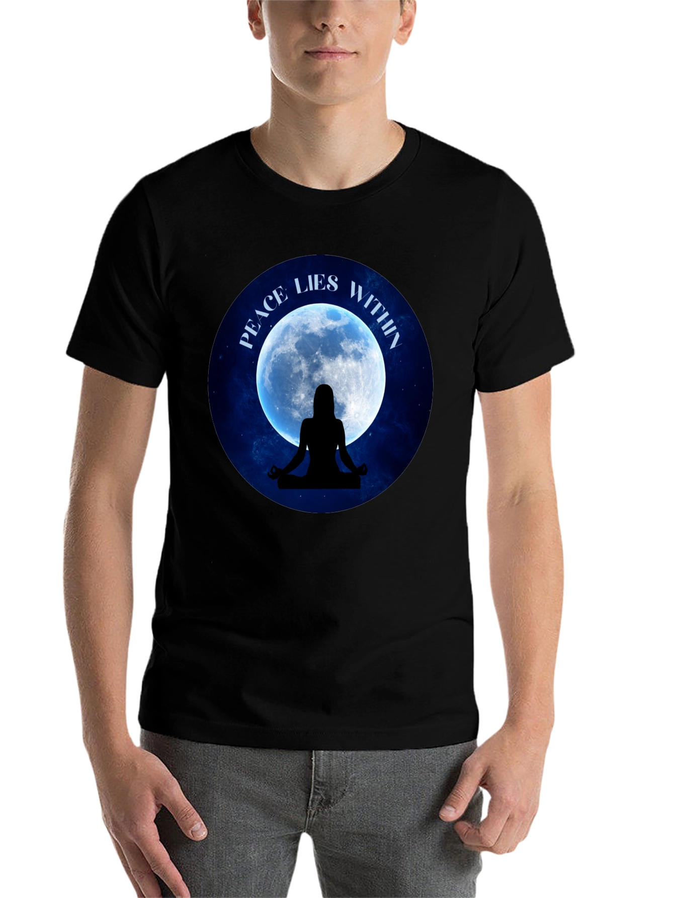 Black Peace Within T-Shirt - Meditating Silhouette Moon Graphic Tee view 7