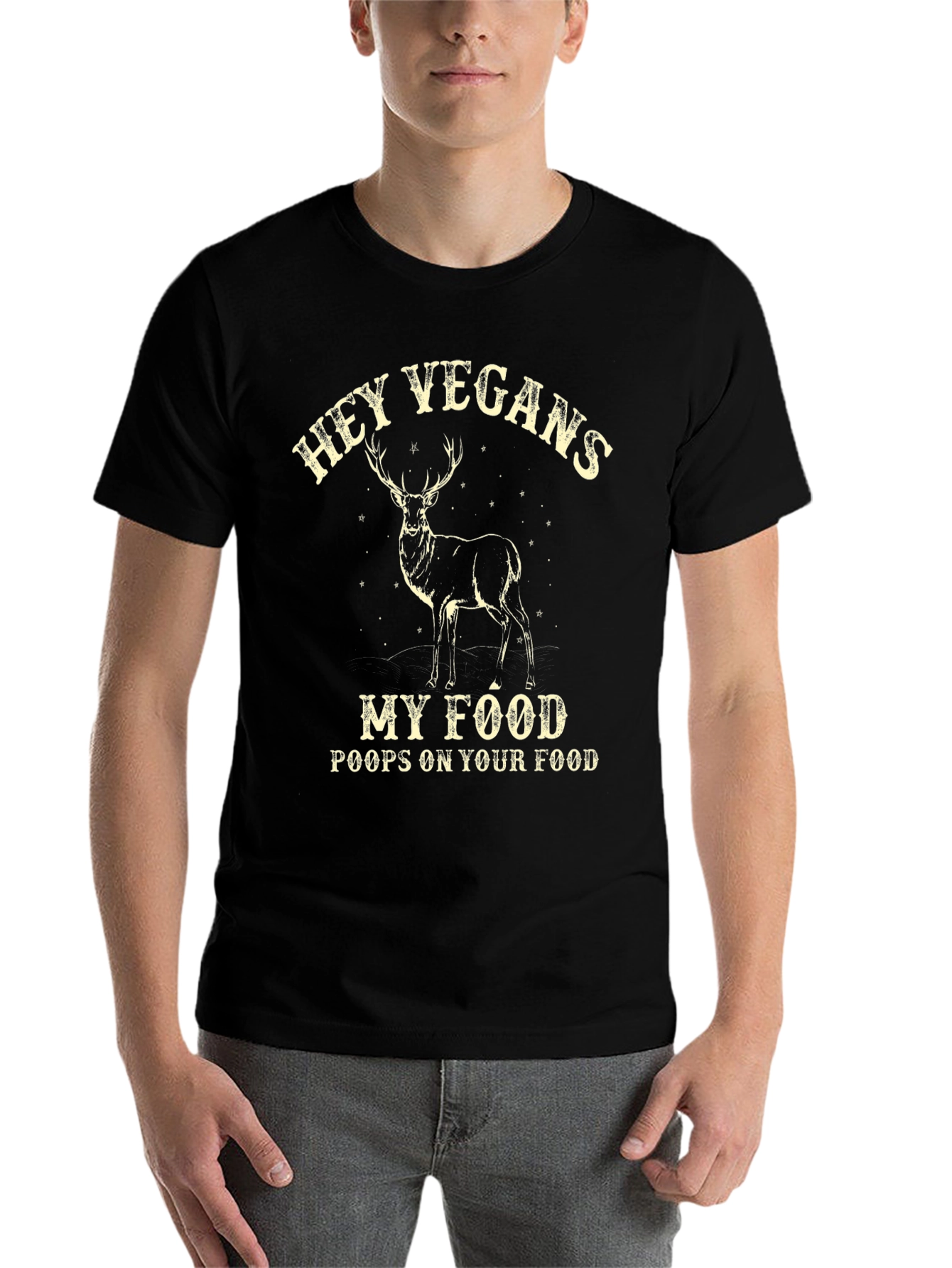 Black Hey Vegans T-Shirt - Deer 'Poops on Your Food' Black Cotton Tee view 7
