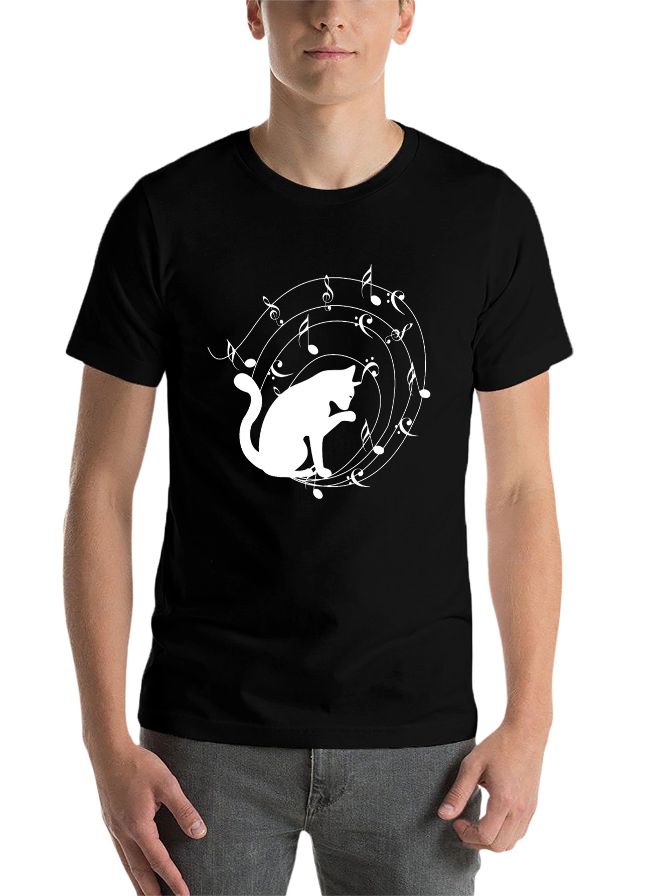 Black Cat Music Lover T-Shirt - Black Cotton Tee view 7