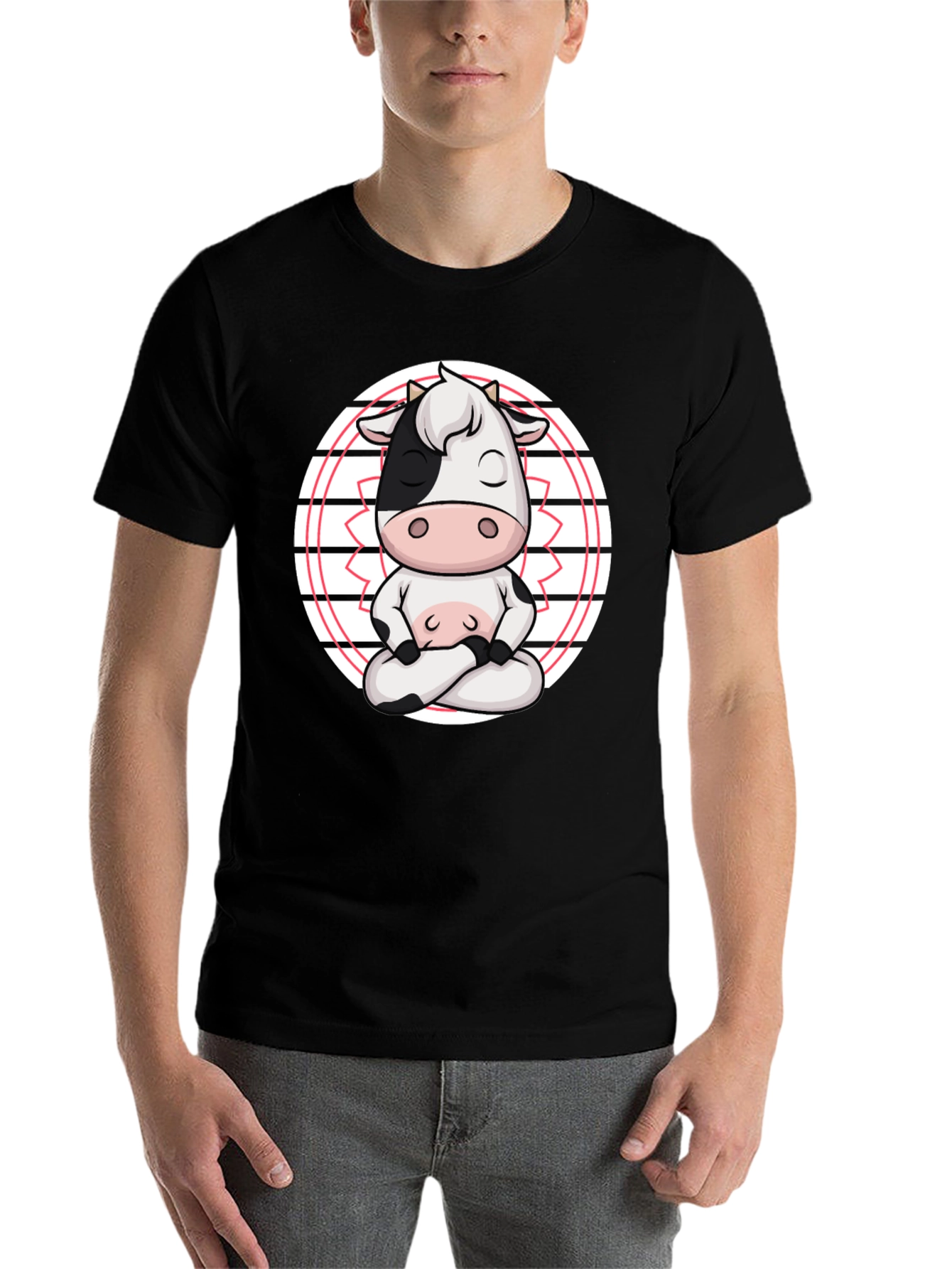 Black Zen Cow T-Shirt - Meditating Cartoon Animal Tee view 7