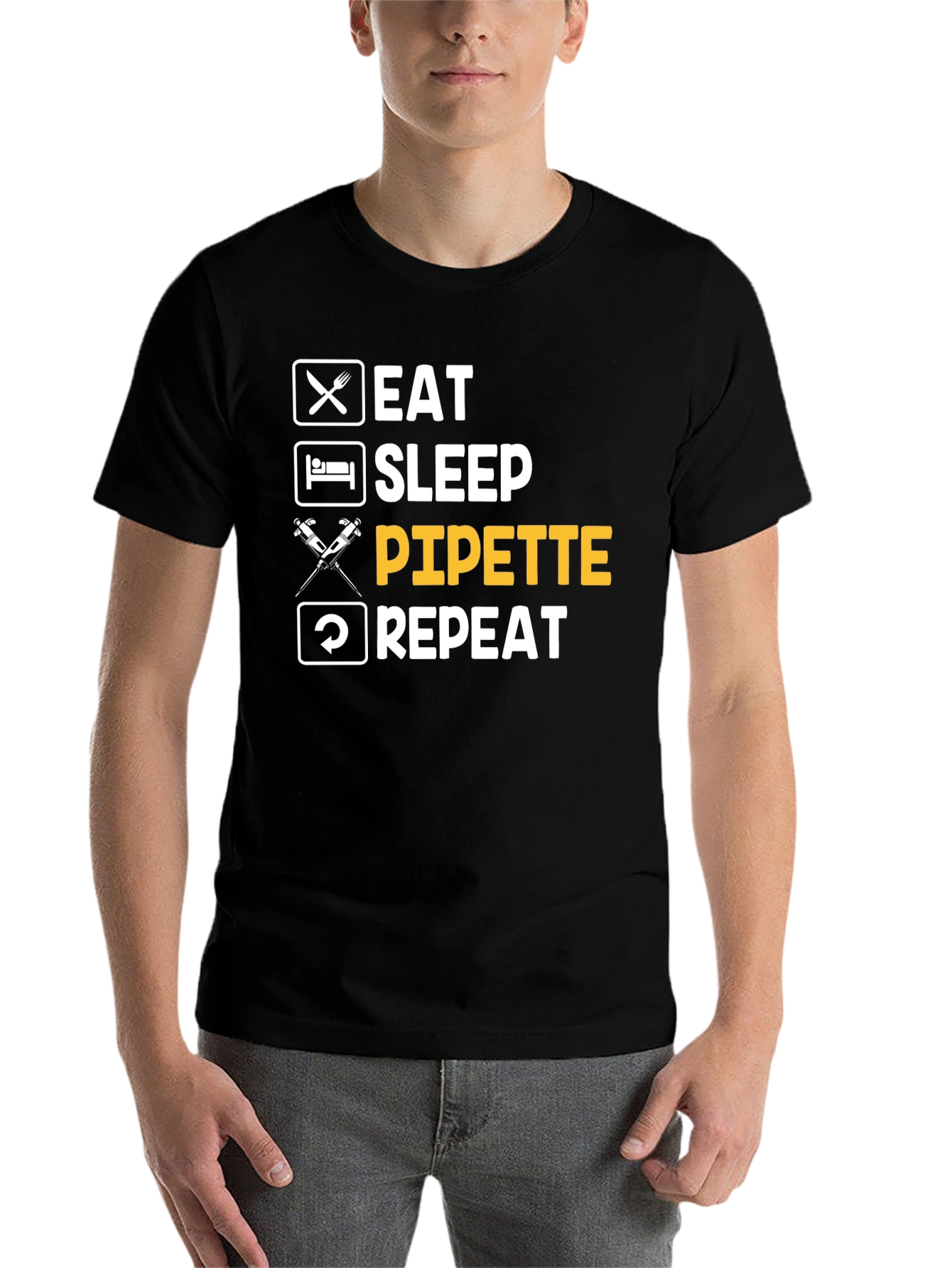 Black Eat Sleep Pipette Repeat Funny Science T-Shirt view 7