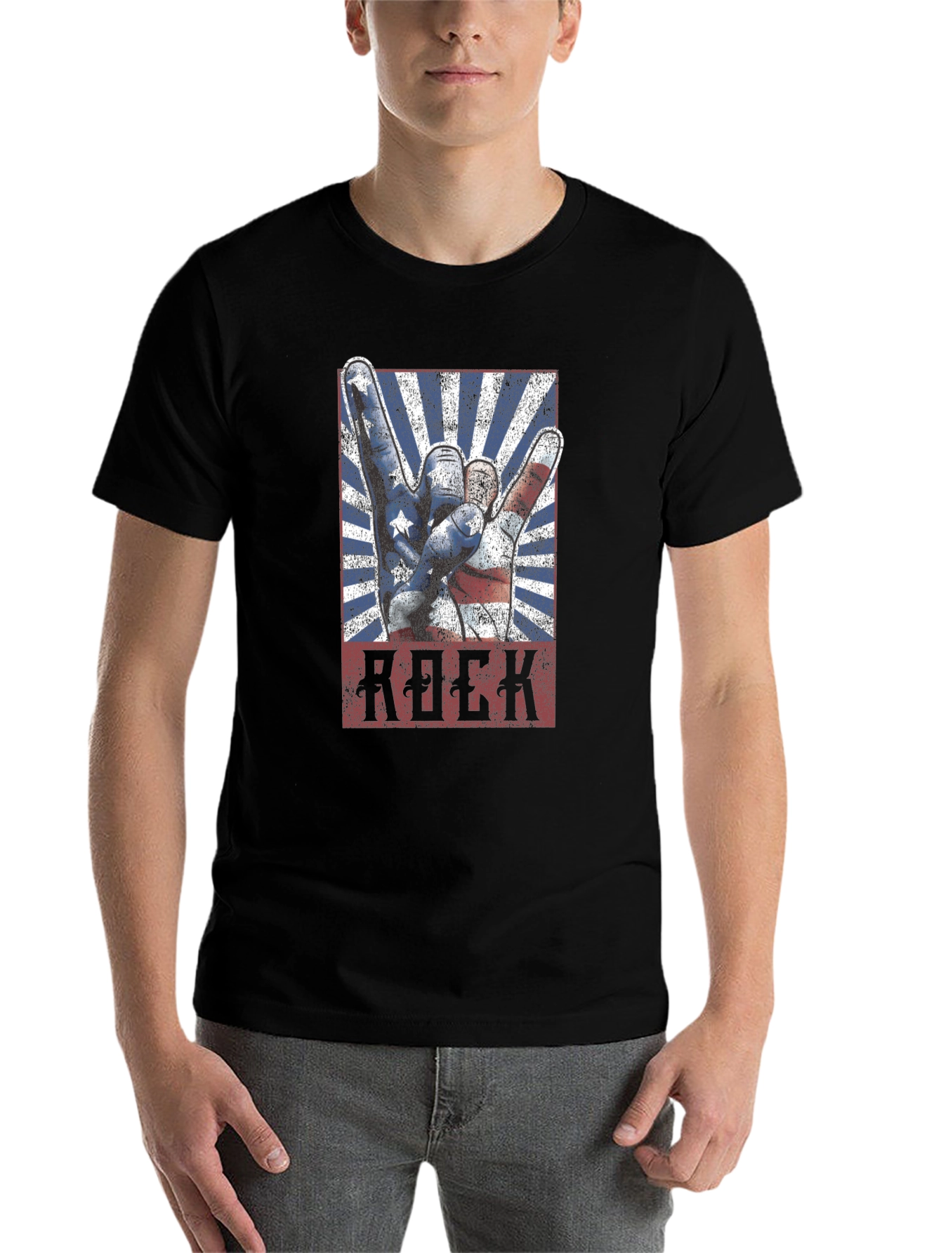 Black American Rock Hand Gesture Graphic T-Shirt view 7