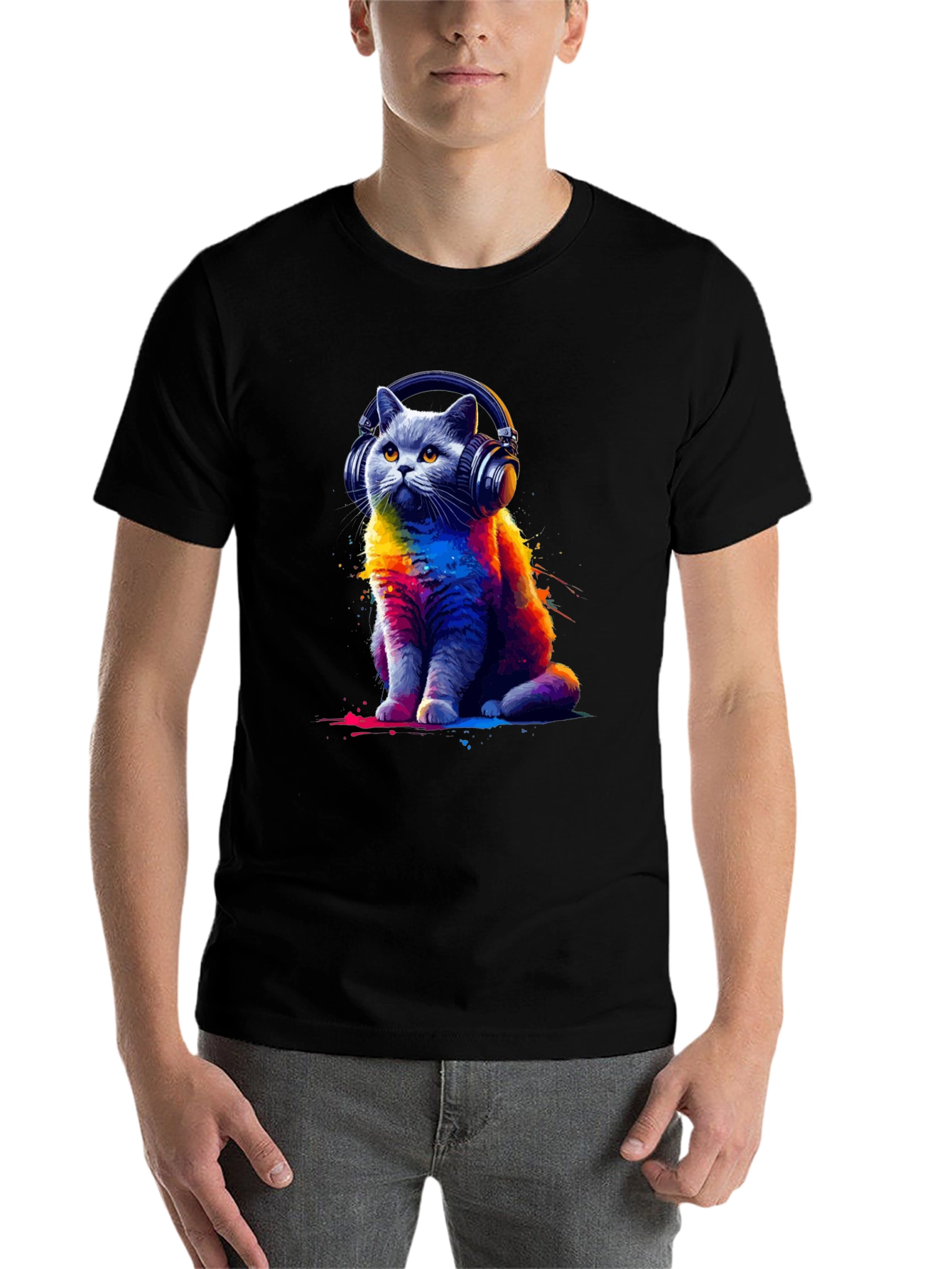 Black Cool Cat Headphones T-Shirt - Colorful Graphic Tee view 7