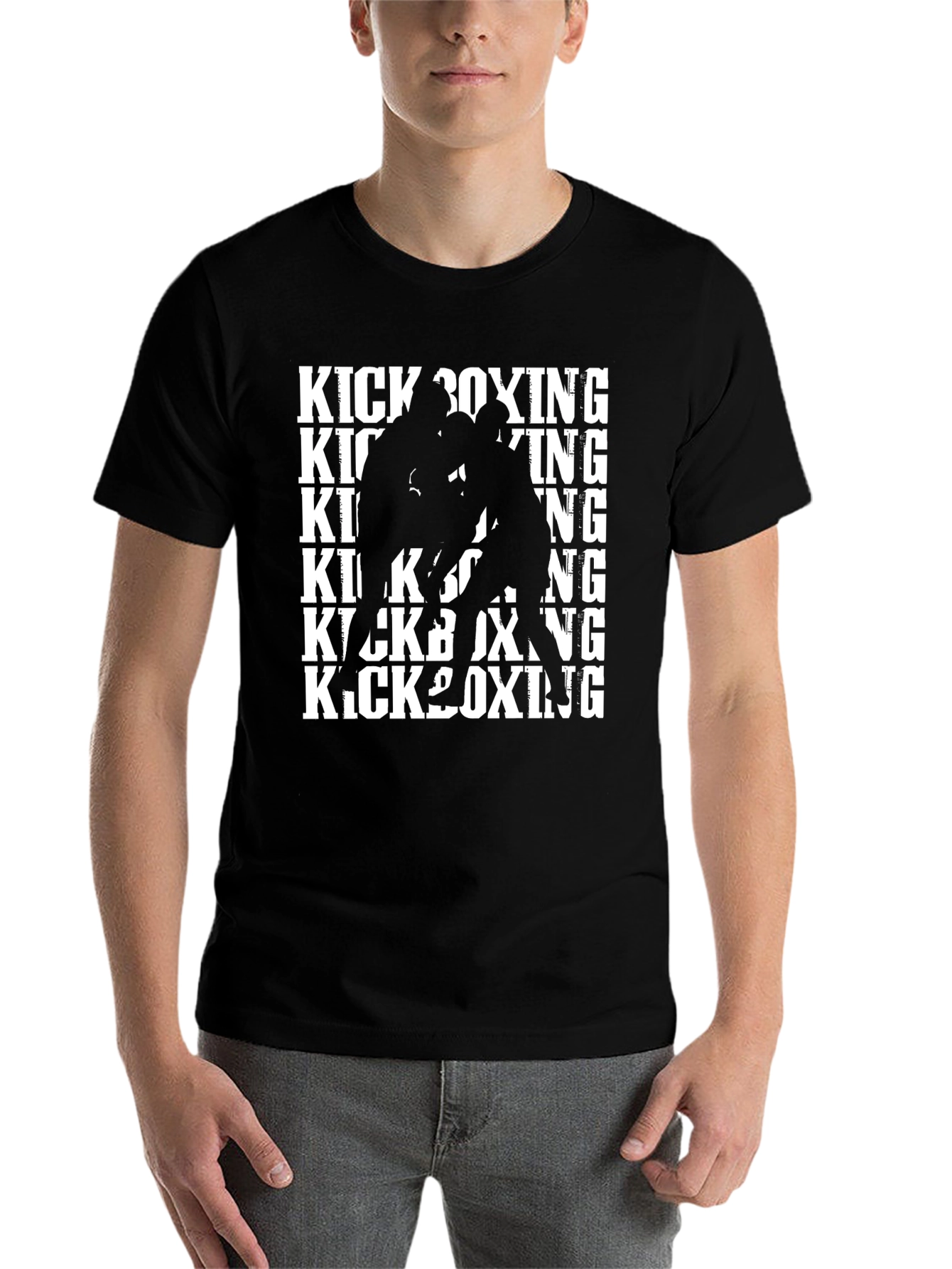 Black Kickboxing Black T-Shirt - Fighter Silhouette Graphic Tee view 7