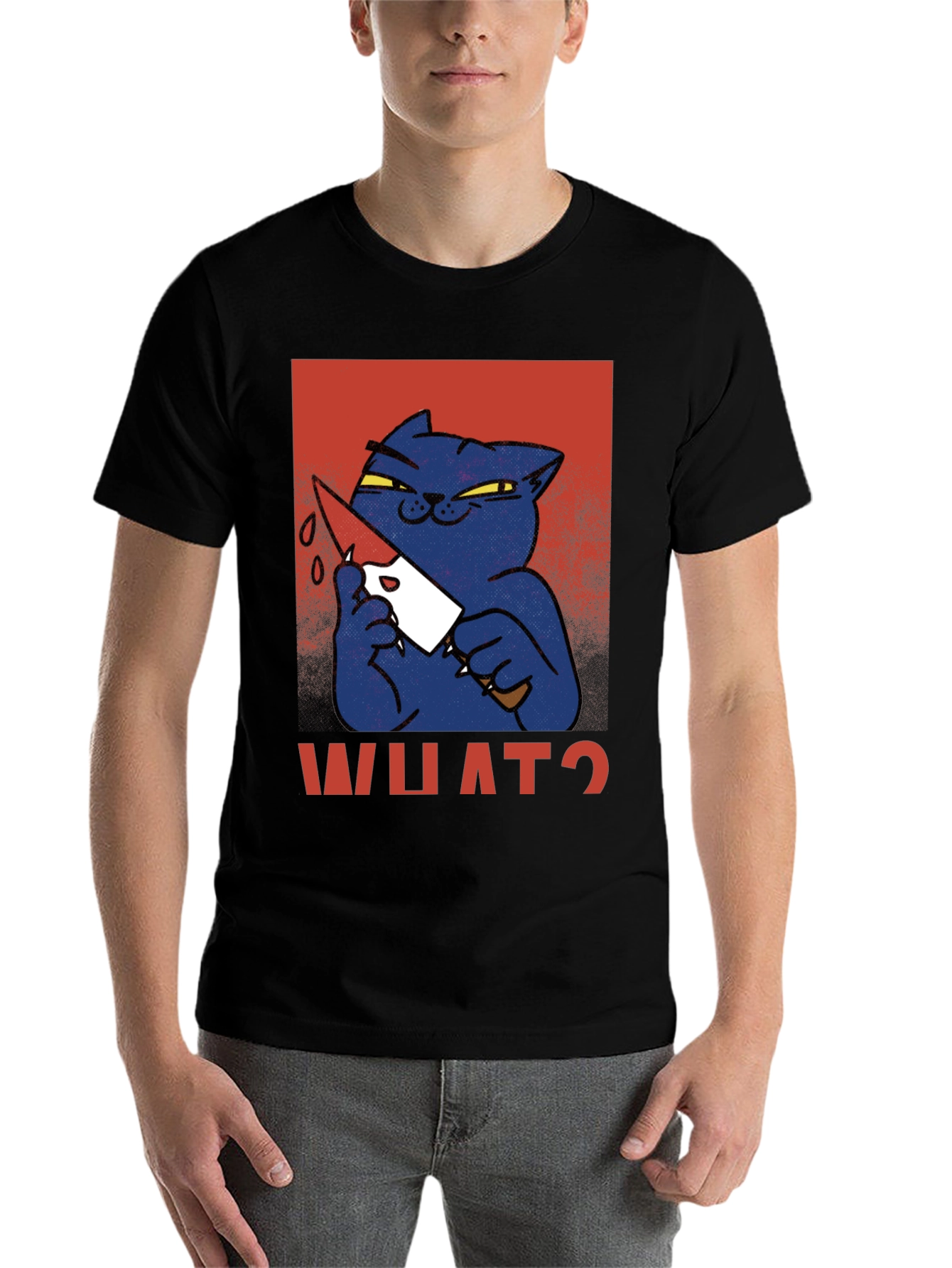 Black Killer Cat Graphic T-Shirt - "WHAT?" Funny Men's Tee view 7