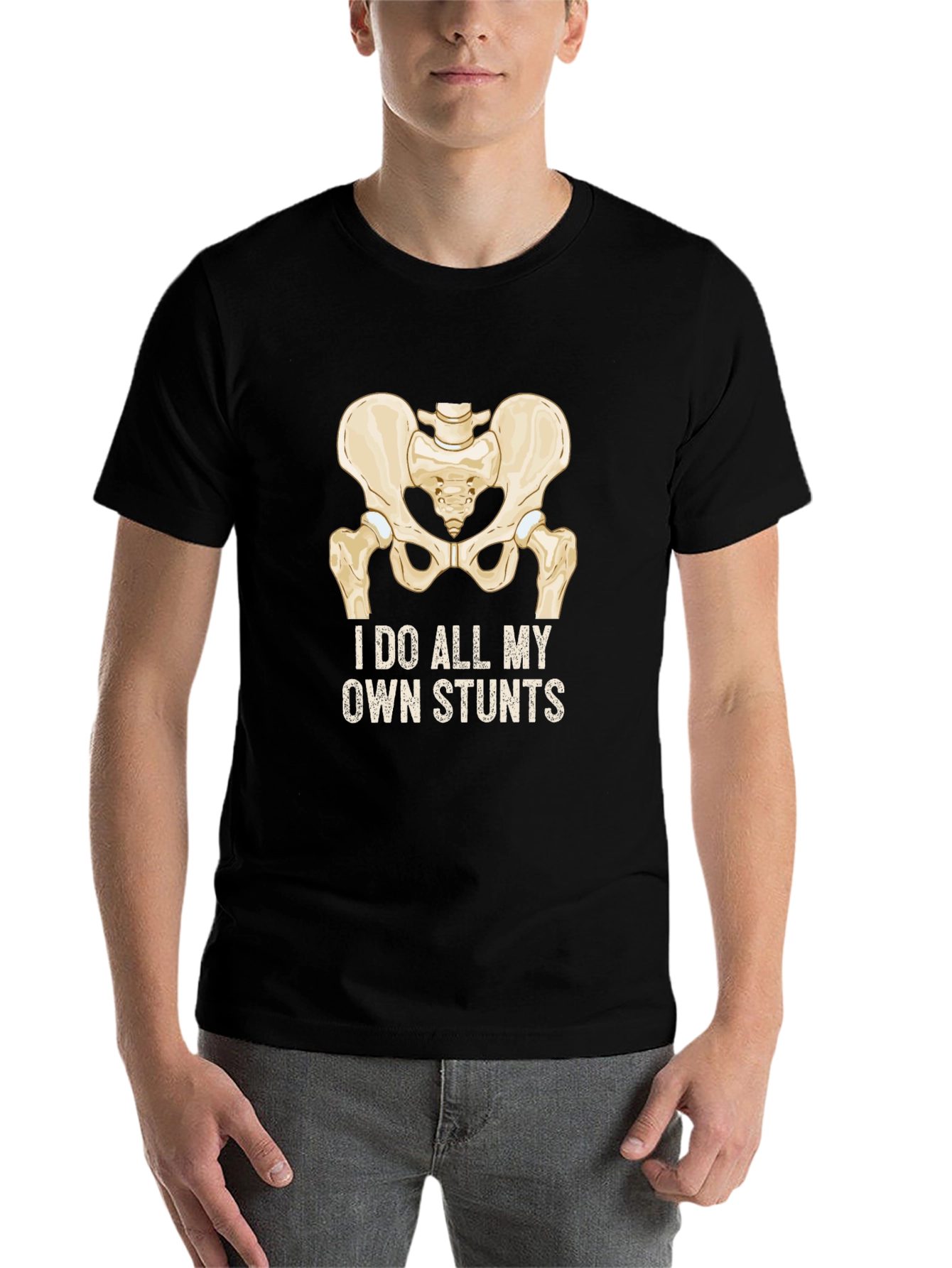 Black I Do All My Own Stunts T-Shirt - Humorous Broken Hip Design view 7