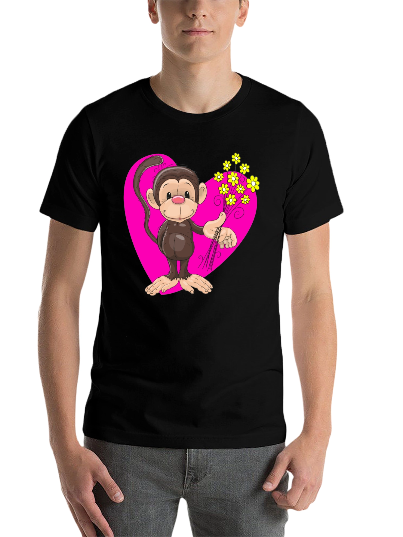 Black Monkey Love T-Shirt - Cartoon Heart Flowers view 7